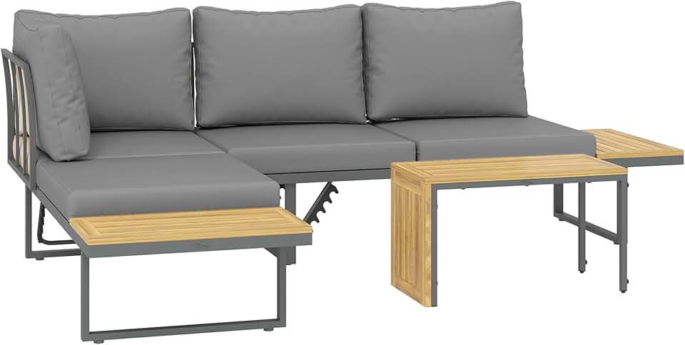 bleujardin - salon de jardin bois acacia 6 places modulable - coussins, dossier ajustable, gris