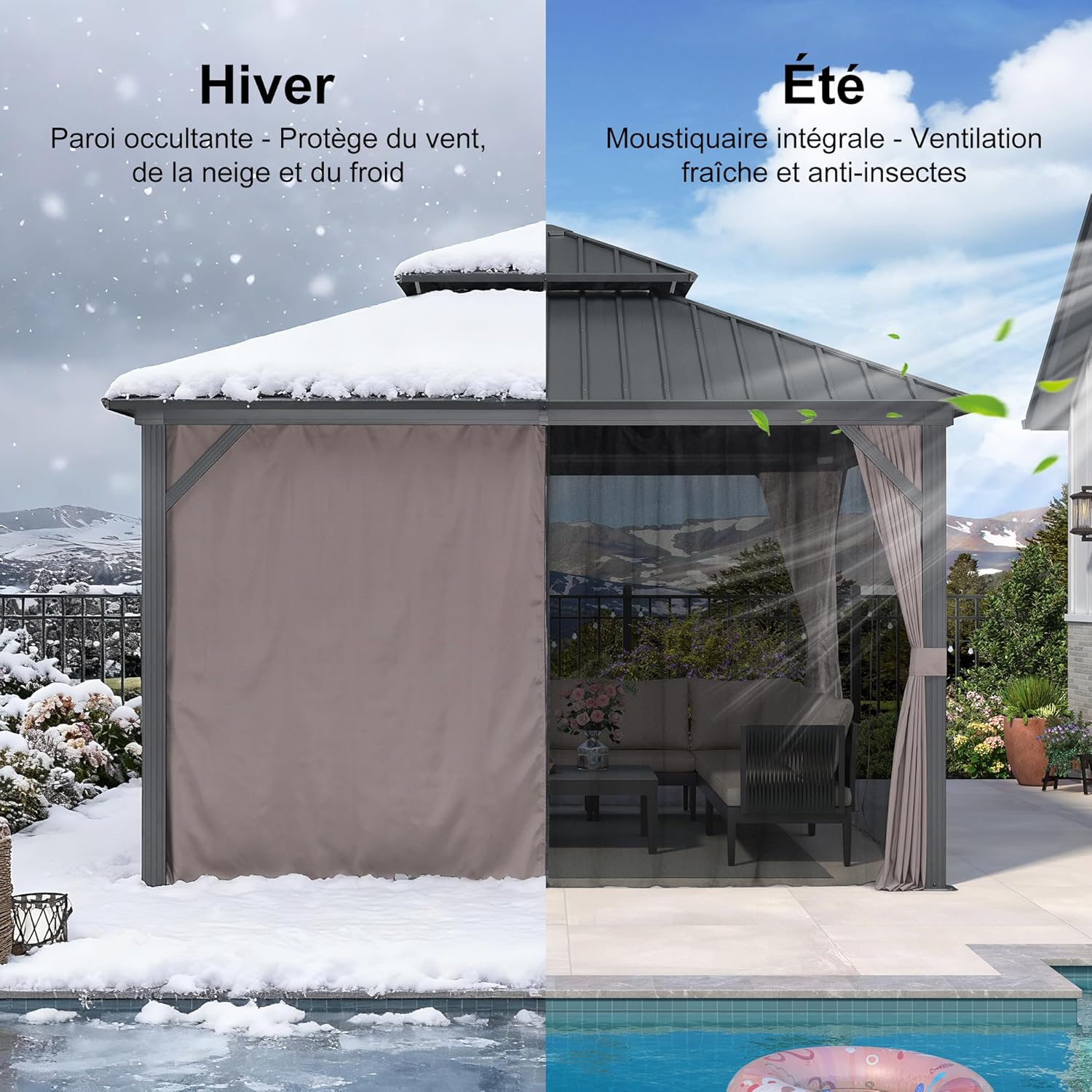 bleujardin Tonnelle de Jardin Extérieur 3,65 x 3,65 m avec Guirlande Lumineuse, Pavillon Aluminium à Double Toit en Acier Galvanisé, Pergola Jardin Extérieur avec Rideaux pour Fête, Barbecue, Gris