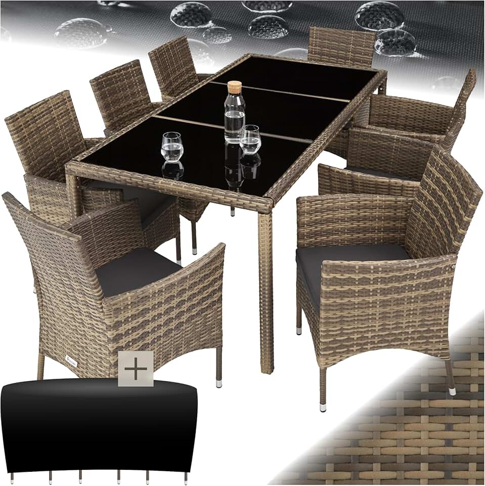 bleujardin - Salon de jardin rotin, 8 fauteuils, table, housse, confort, marron naturel/gris foncé