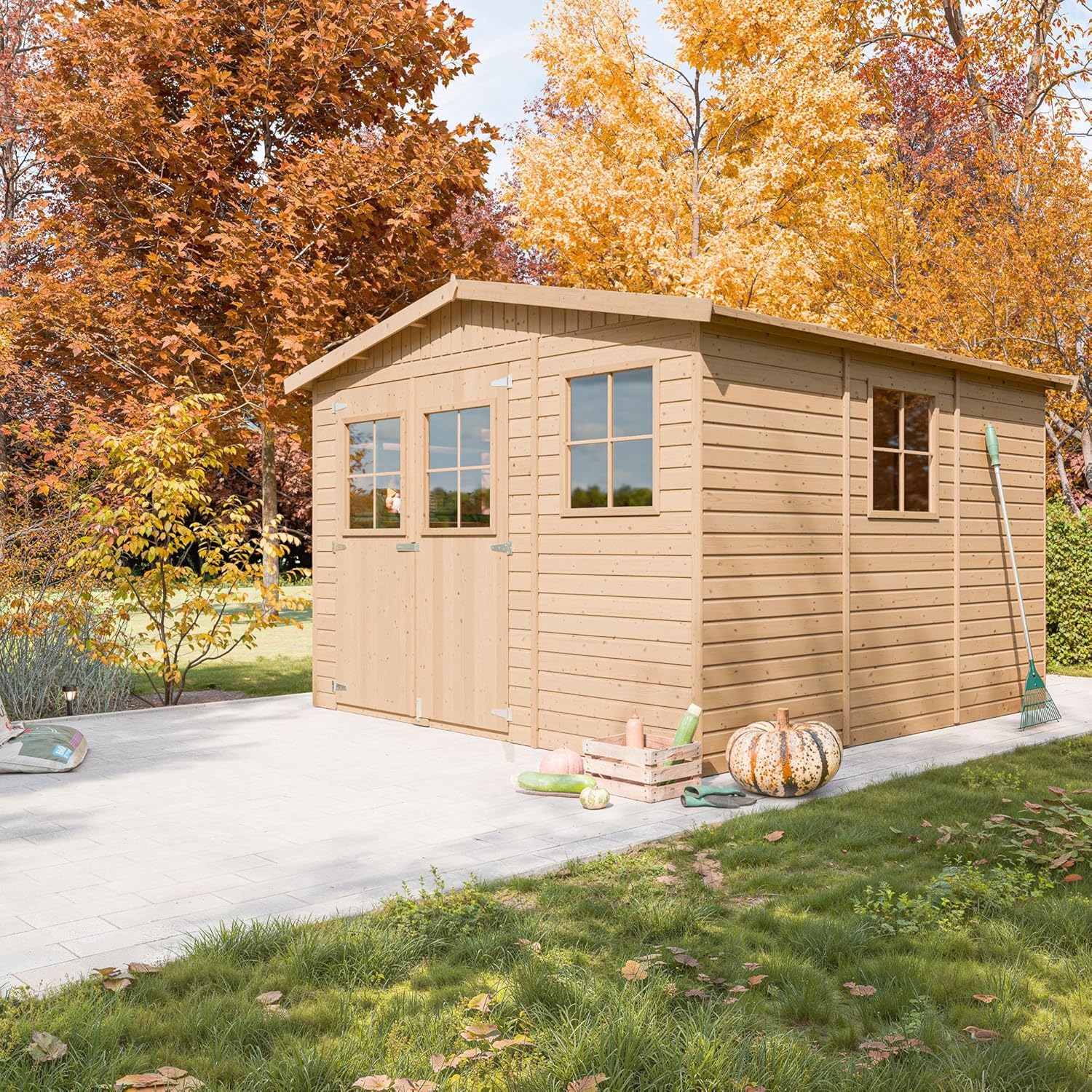 ABRI de Jardin en Bois Exterieur avec Les PLANCHERS IMPRÉGNÉ - Cabane de Jardin en Pin/épicéa- H226x316x324 cm/9 m²-Construction de Panneaux- Rangement pour vélos, Remise à Outils- bleujardin M335+M335G