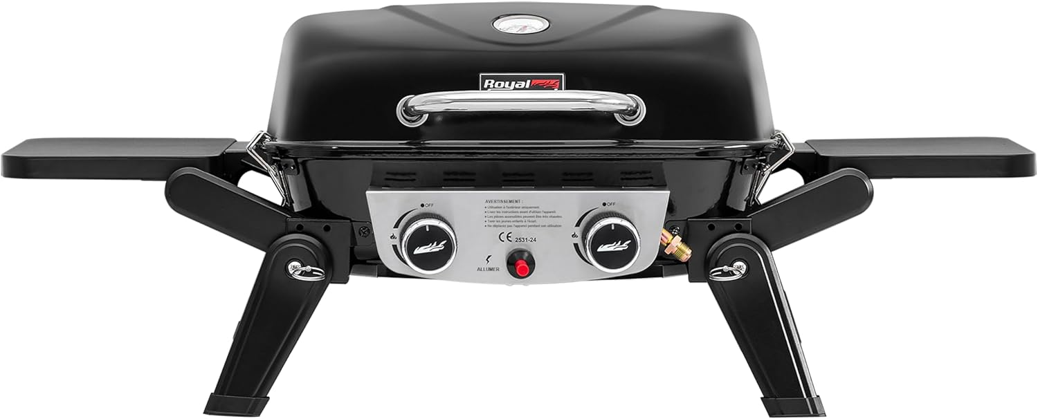 bleujardin - Barbecue Gaz 2 brûleurs - 48x37 cm - tables pliables, 5kW