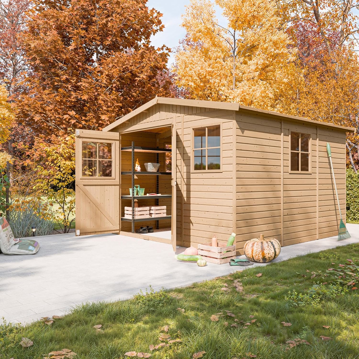 Abri de Jardin en Bois Naturel - Stockage extérieur avec fenêtres- H226x316x324 cm/9 m² Hangar en Bois Naturel - Atelier Rangement Outils et vélos- bleujardin M335