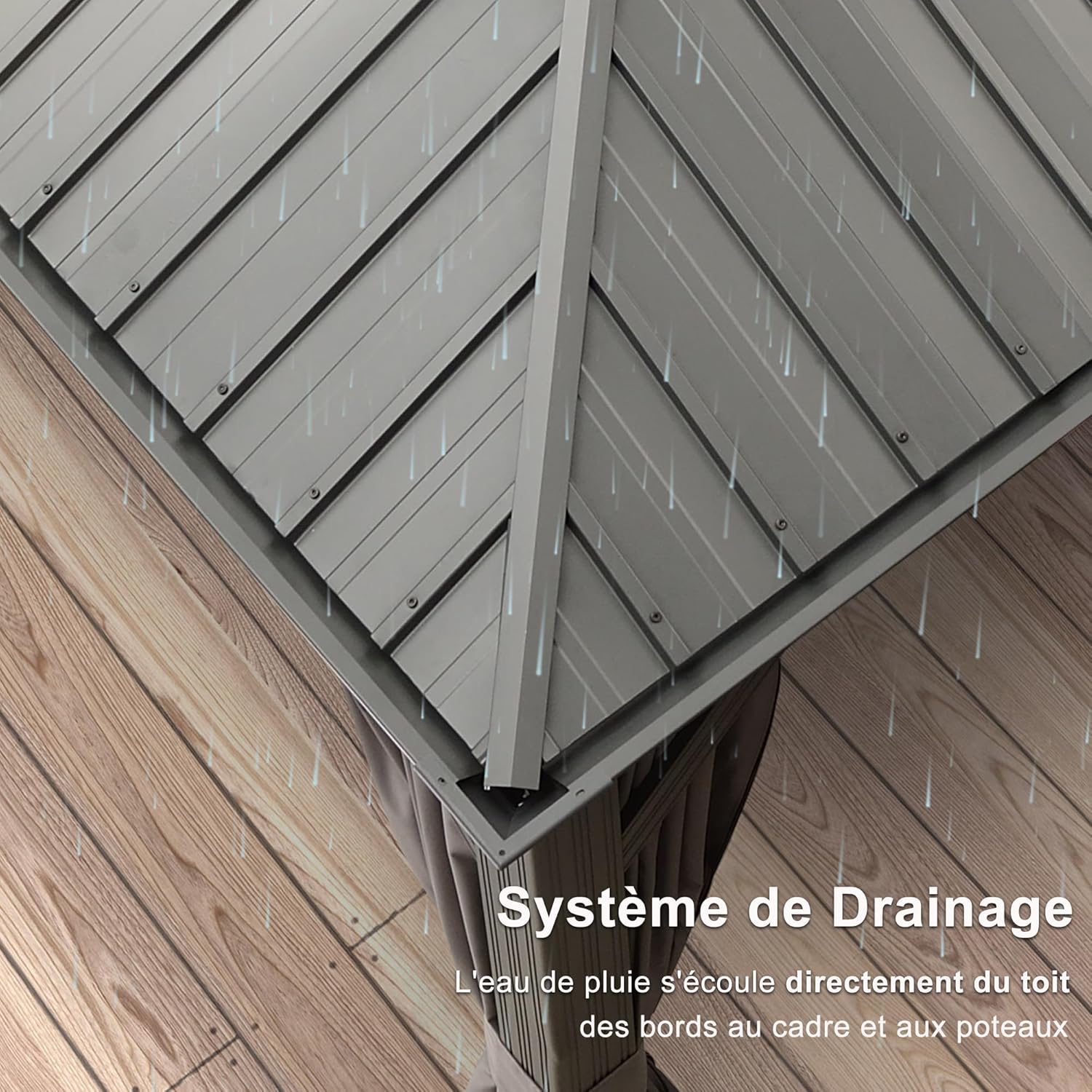 bleujardin - tonnelle aluminium série - 4,85x3,65m - éclairage intégré, rideaux moustiquaires, gouttière, gris