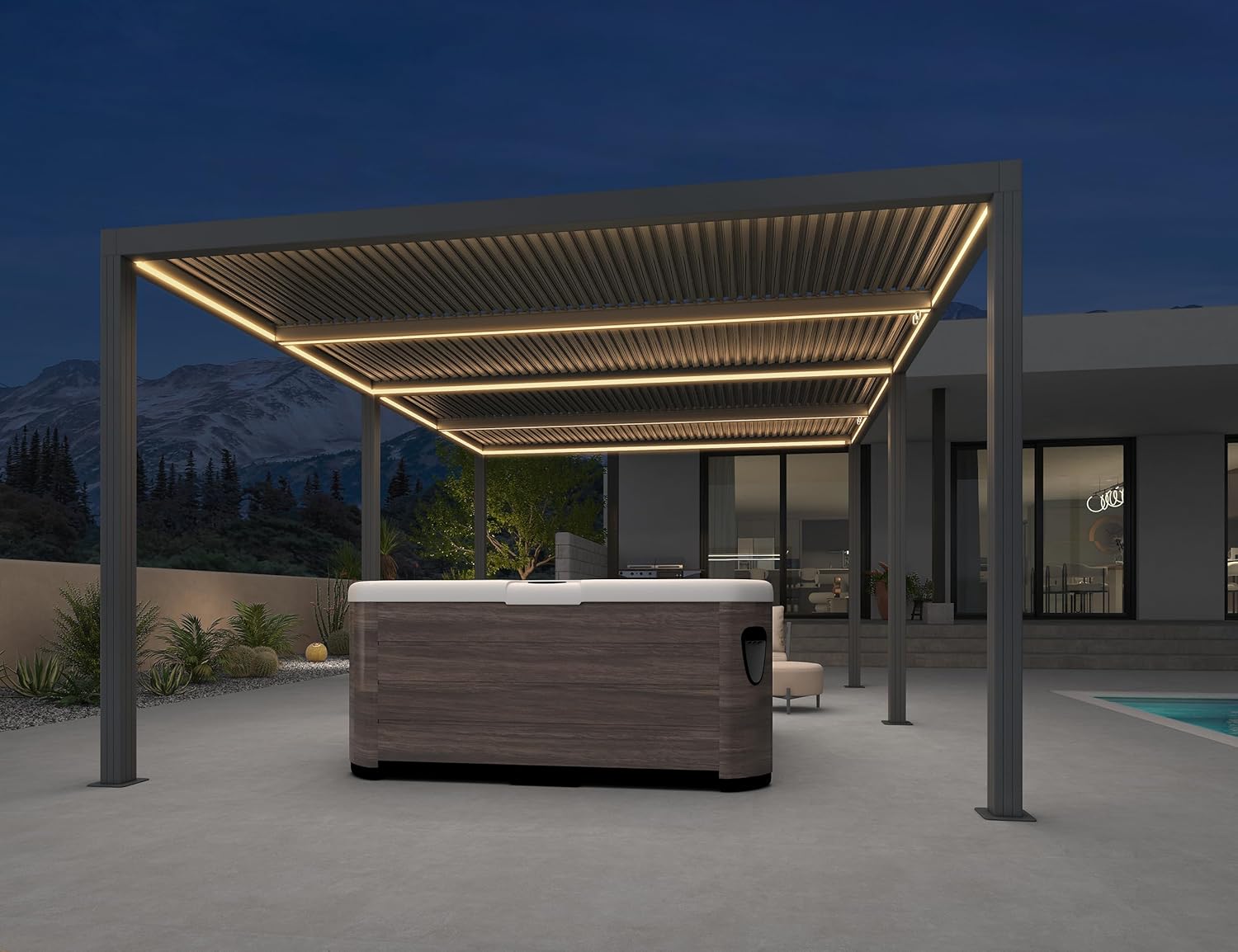 bleujardin - Pergola bioclimatique - 6 x 3,68 m - alu, LED, gouttières, gris