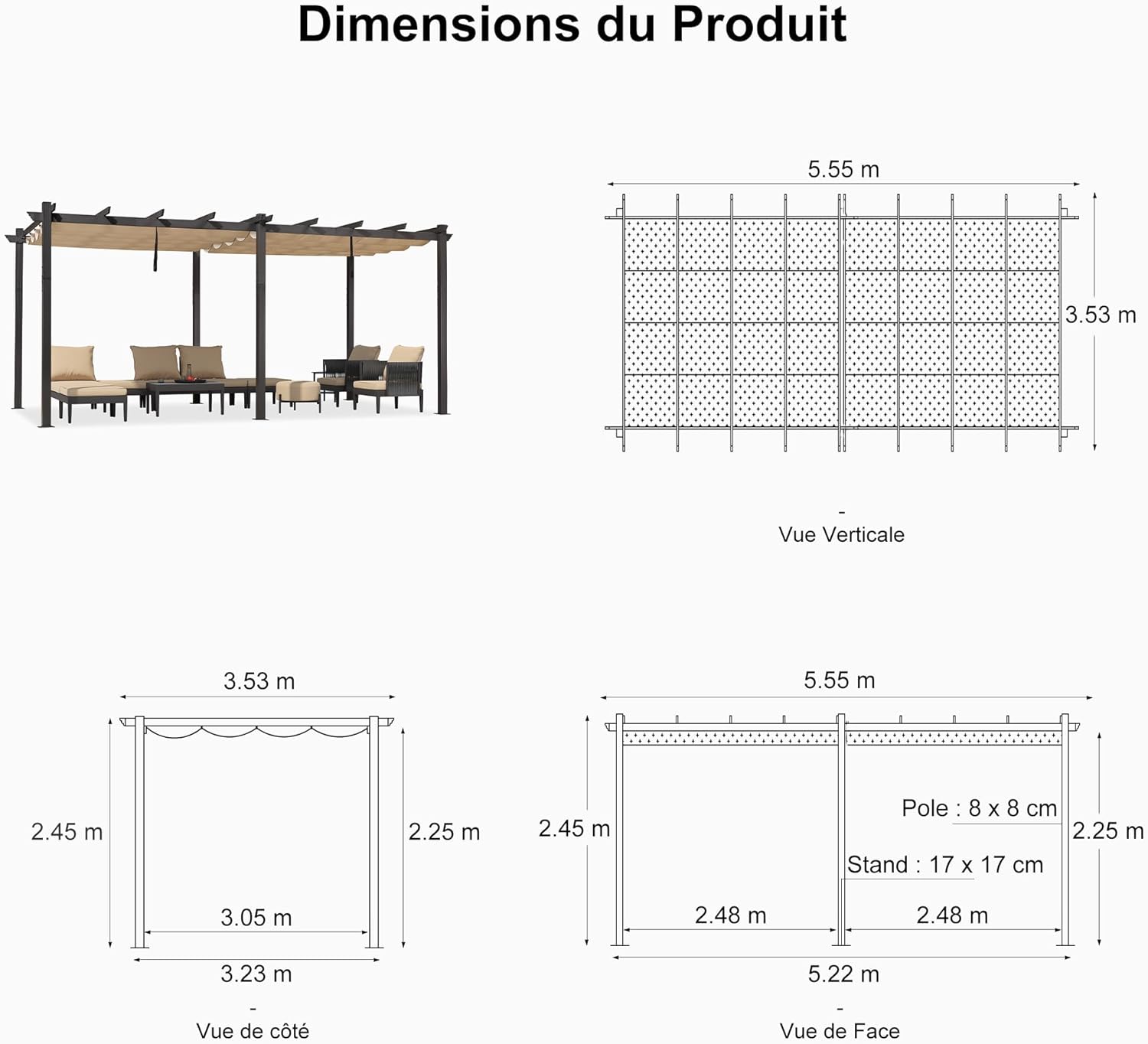 bleujardin - pergola aluminium 5,5x3,5m toit rétractable LED kaki