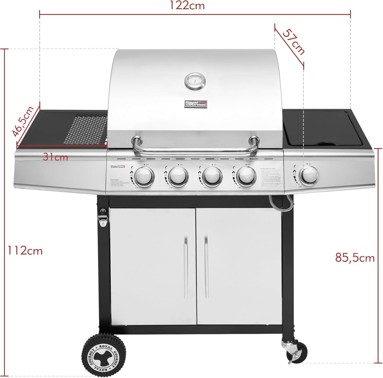 bleujardin - Barbecue Gaz 4+1 brûleurs inox - 14,5kW - 2 portes, thermomètre, roues directionnelles