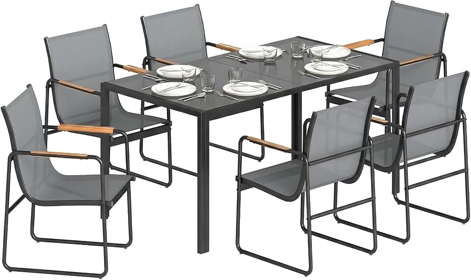 bleujardin - Ensemble salle à manger 6 places - table verre, structure acier - gris