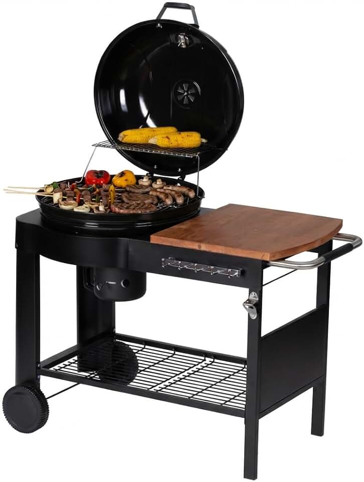 bleujardin - Barbecue Calgary - acier/bois - couvercle thermomètre, tablettes, 2 roues, noir