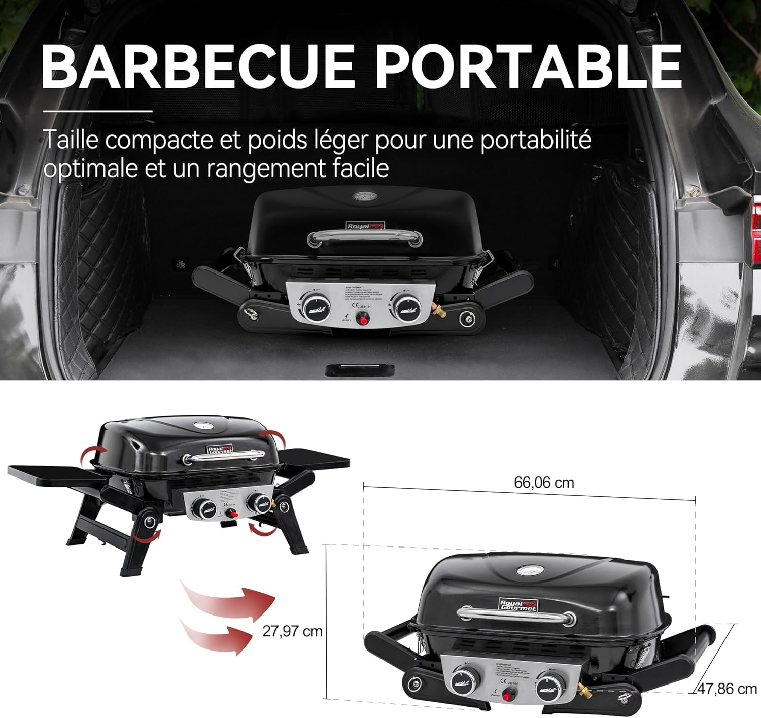 bleujardin - Barbecue Gaz 2 brûleurs - 48x37 cm - tables pliables, 5kW