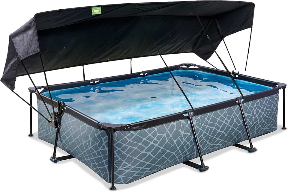 bleujardin Piscine Stone avec Voile d'Ombrage - 300x200x65cm - Piscine Hors Sol Rectangulaire avec Pompe Filtrante à Cartouche - Protection Optimale Contre Les Rayons UV - Entrée Basse - Gris
