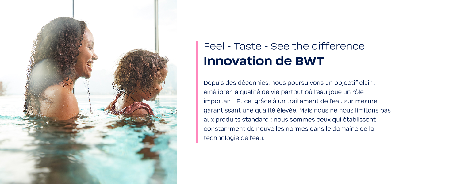 Le texte se lit comme suit : « Innovation de BWT ». Scène de piscine montrant des personnes dans l'eau avec des panneaux de texte descriptifs.