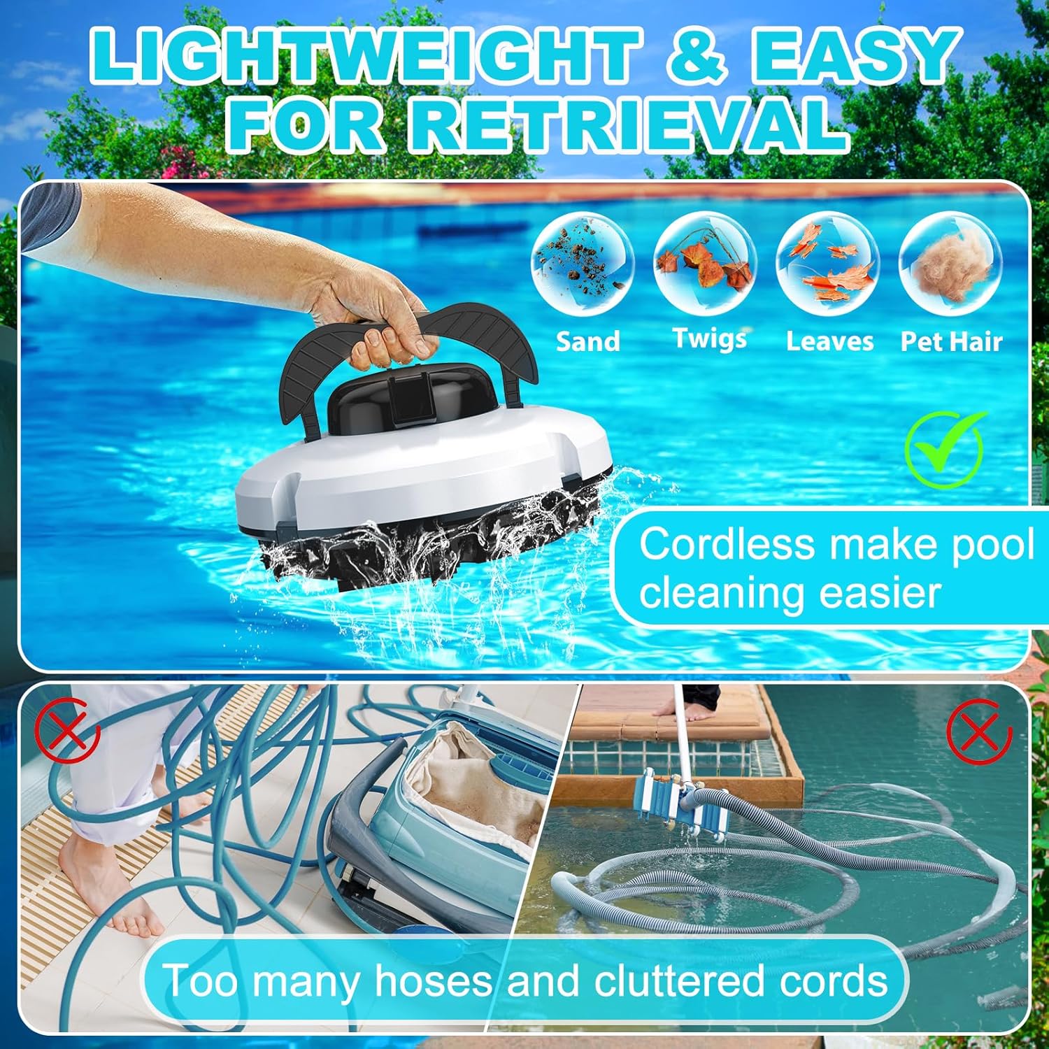 2026 Robot aspirateur de Piscine sans Fil pour Piscine Hors Sol 120 Minutes d'autonomie, Nettoyeur de Piscine Automatique pour Piscine creusée jusqu'à 1000 Pieds carrés Robot de Piscine autoparquant