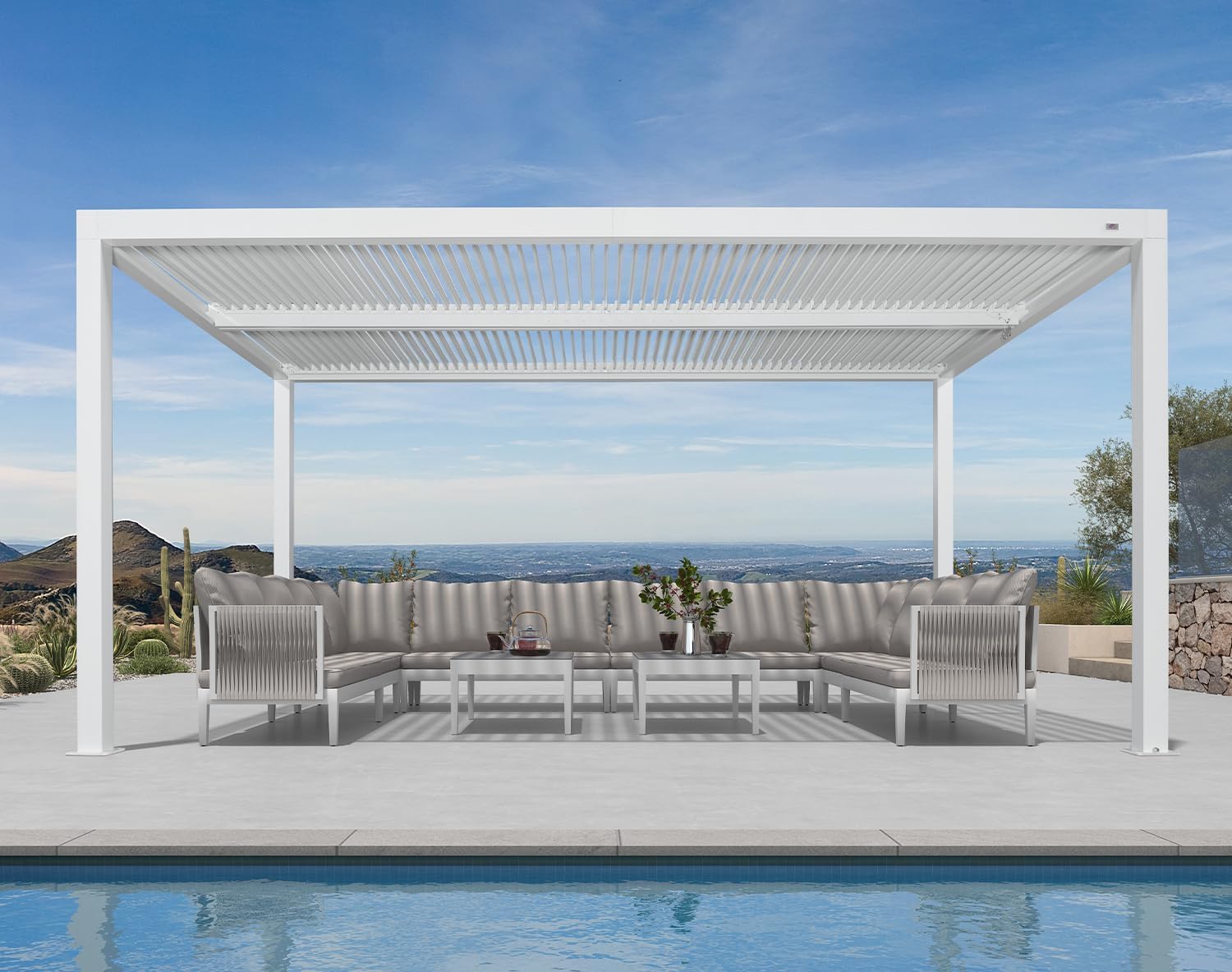 bleujardin - Pergola bioclimatique aluminium 4,6x3,3m, lames orientables, blanc