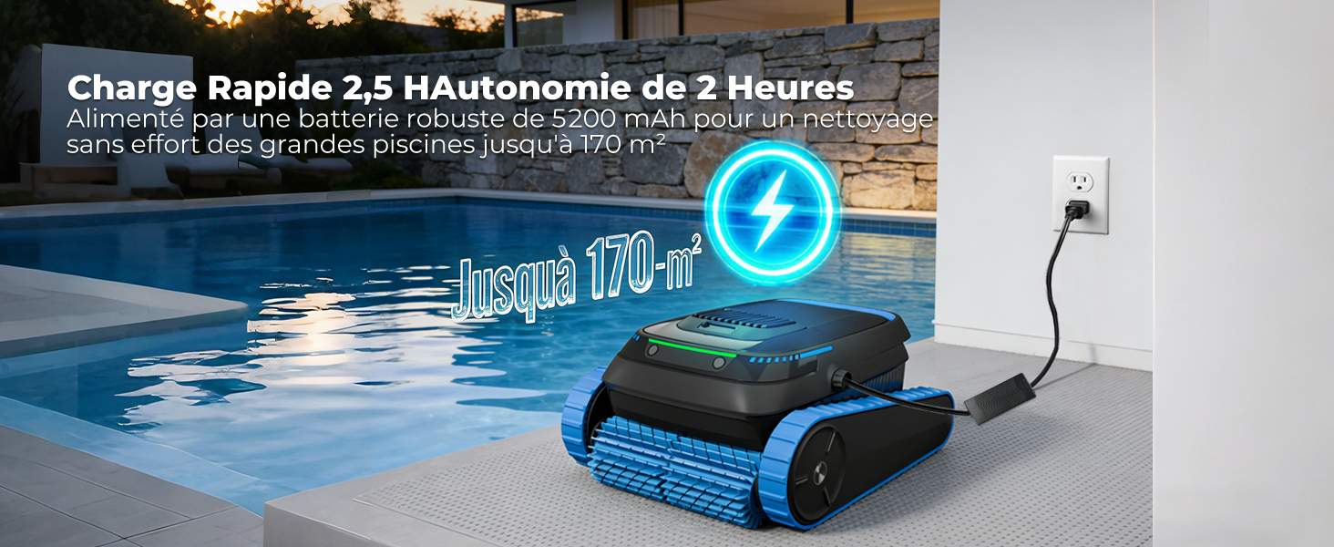 Le texte indique « Chariot Rapide 2.5 Nettoyeurs de 2 Heures ». Nettoyeur de piscine robotique au design noir et bleu, avec roues et tuyau attaché, exposé sur la terrasse de la piscine à côté de la piscine.