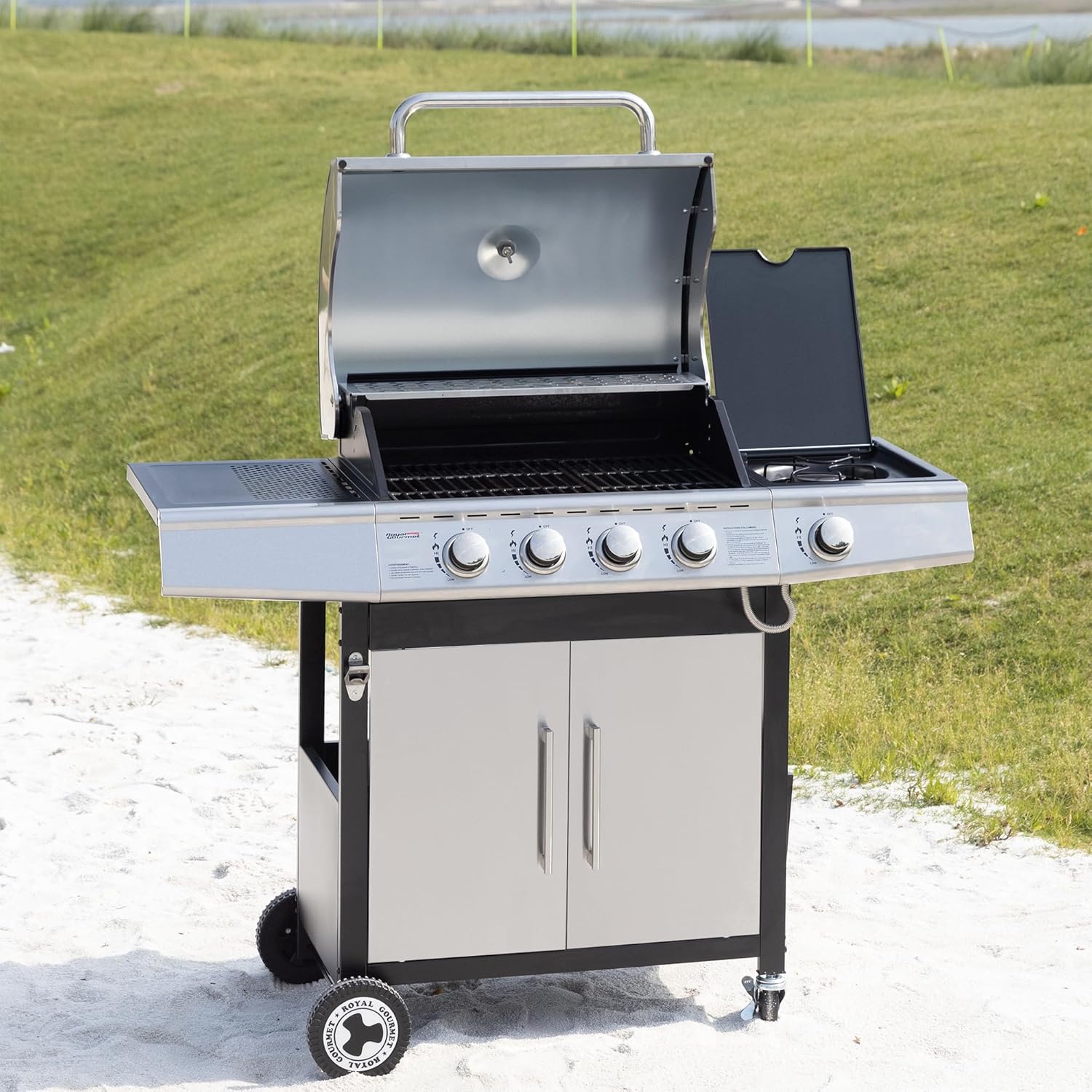 bleujardin - Barbecue Gaz 4+1 brûleurs inox - 14,5kW - 2 portes, thermomètre, roues directionnelles