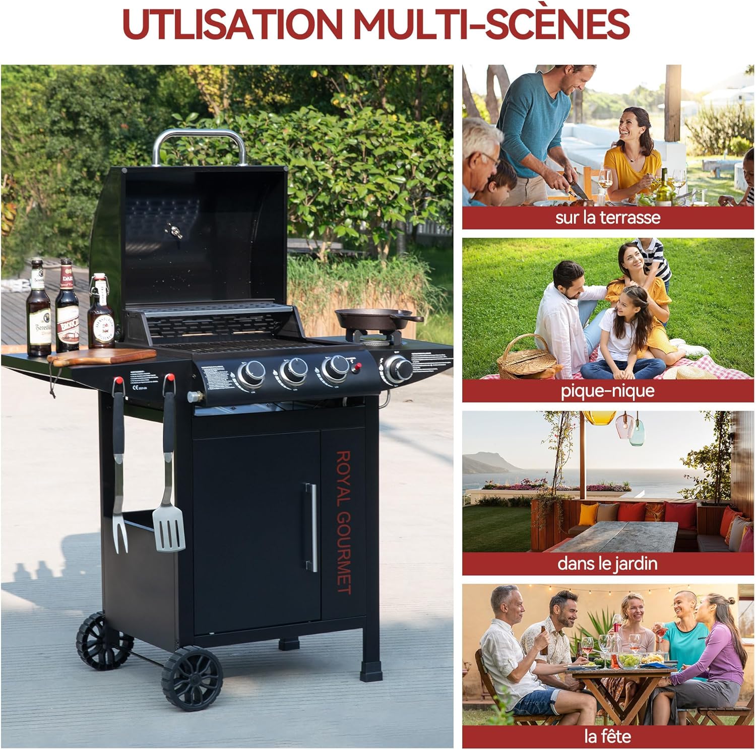bleujardin - barbecue gaz 3+1 brûleurs inox - 11,5 kW - chariot, 2 roues, thermomètre