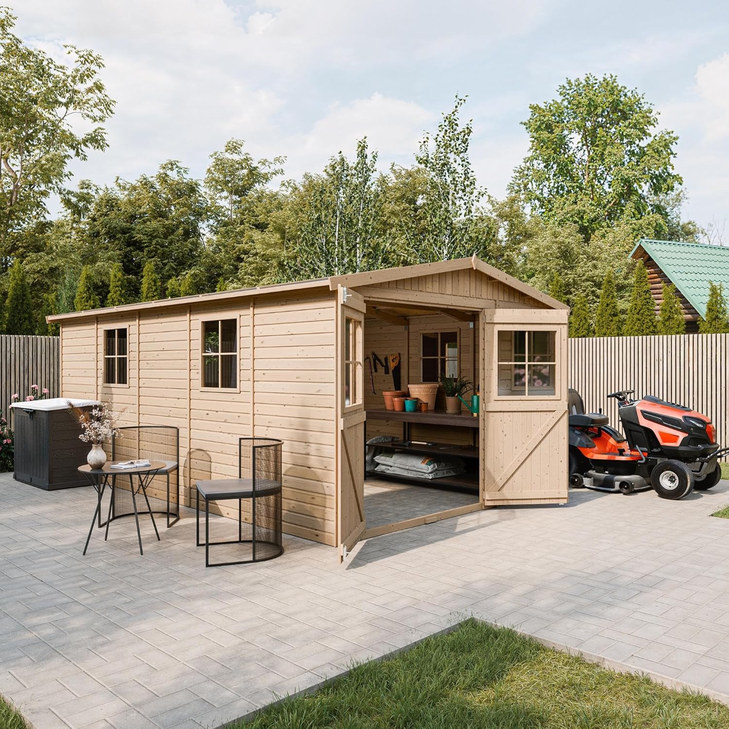 Abri de Jardin en Bois Naturel - Stockage extérieur avec fenêtres- H226x324x516 cm/15 m² Hangar en Bois Naturel - Atelier Rangement Outils et vélos- bleujardin M337
