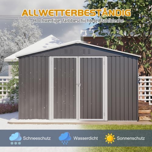 Abri de jardin en métal 300 x 252 cm – Gris – Grand abri de jardin résistant aux intempéries avec toit à pignon, pour vélos et outils, abri de jardin XXXL