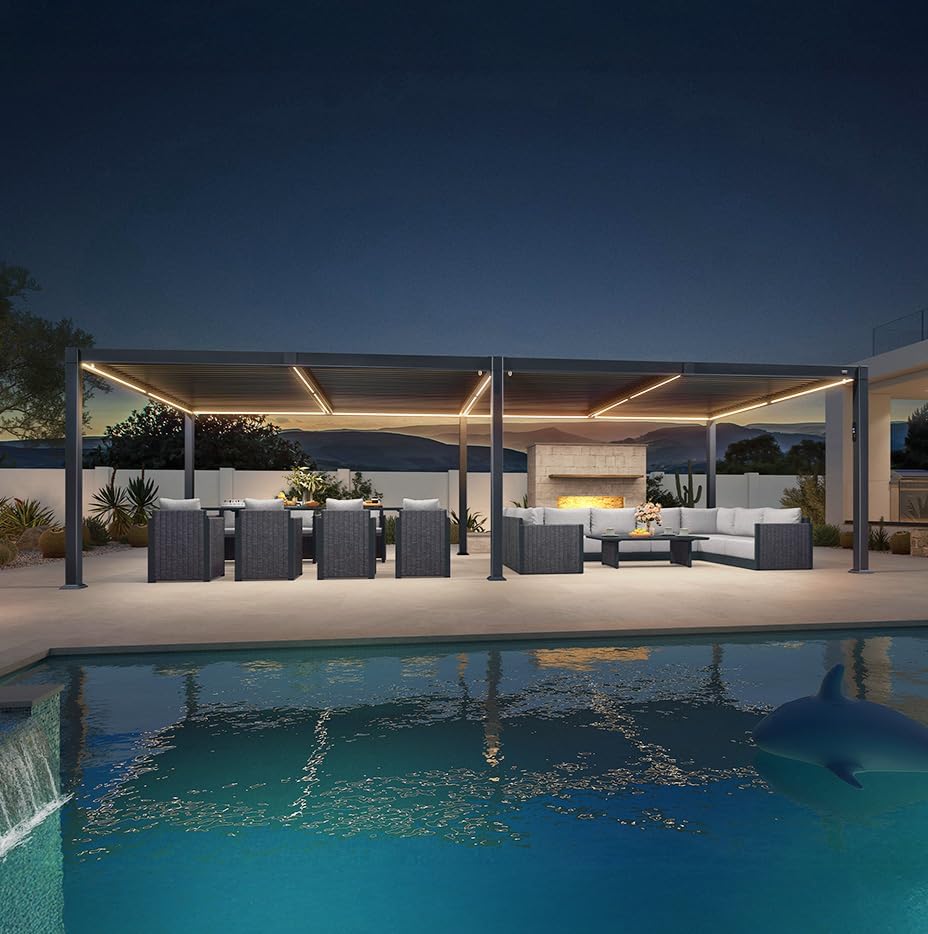 bleujardin - Pergola bioclimatique - 3,5x8,5m - aluminium, lames LED, étanche