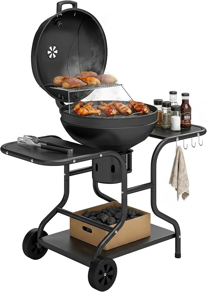bleujardin - barbecue rond extérieur - 66x55x98cm - couvercle, roues, thermomètre