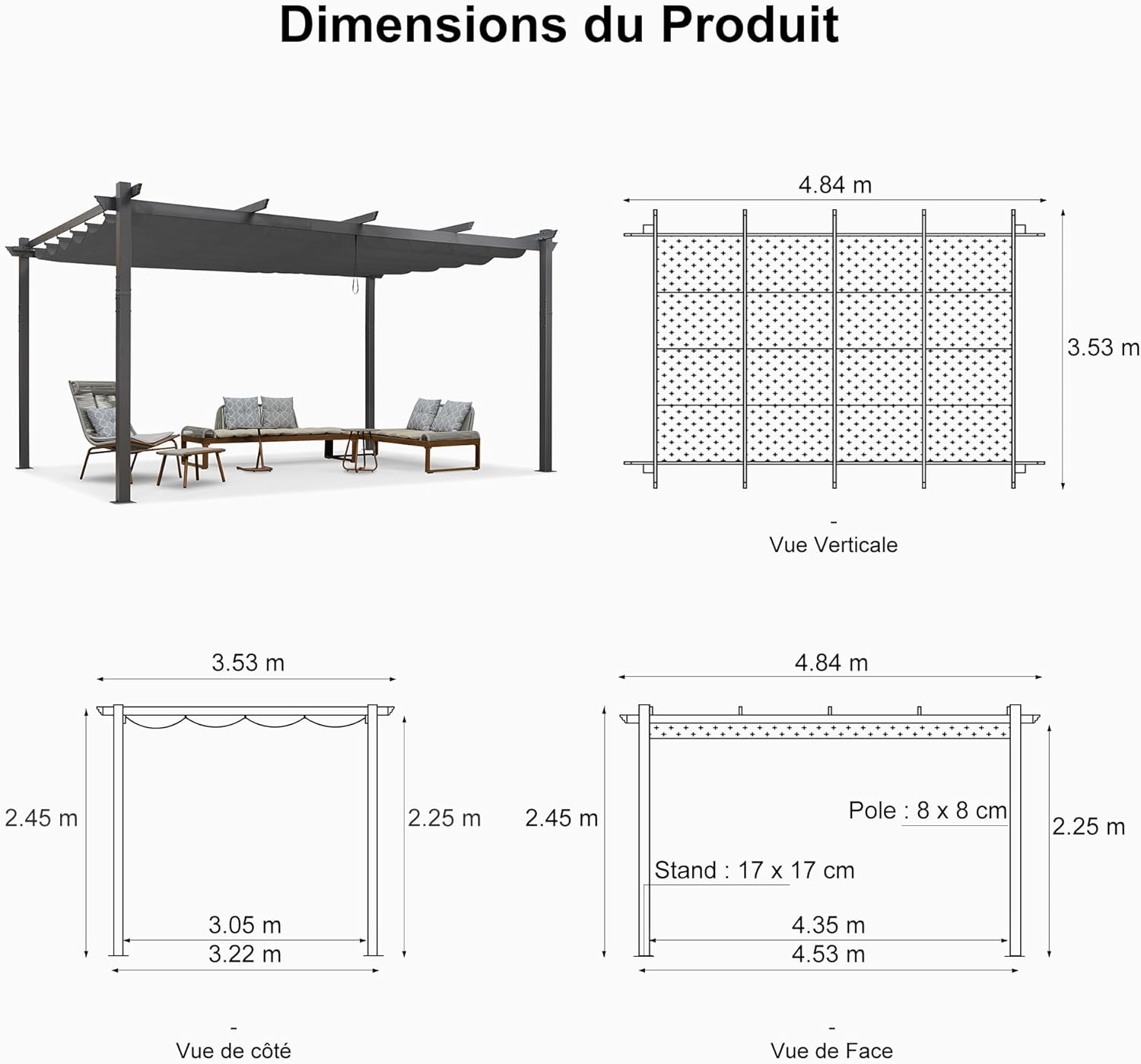 bleujardin - pergola aluminium - 4,8x3,5m - LED, toit rétractable, tissu mass teinté, structure résistante