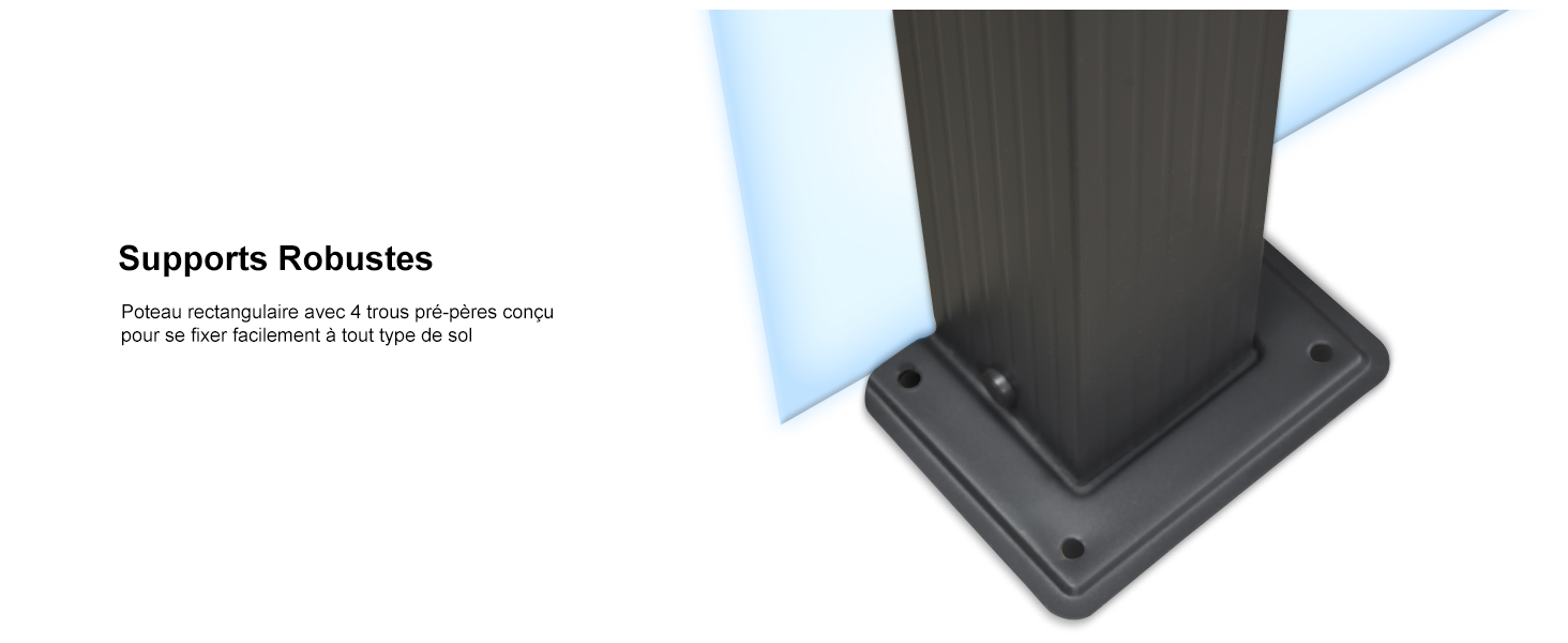 Gros plan d'un support ou d'une plaque de montage en métal noir à quatre trous, étiqueté « Supports robustes » (Supports robustes)