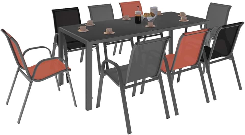 bleujardin - Salon Madrid - table 190cm, 8 chaises empilables mixte