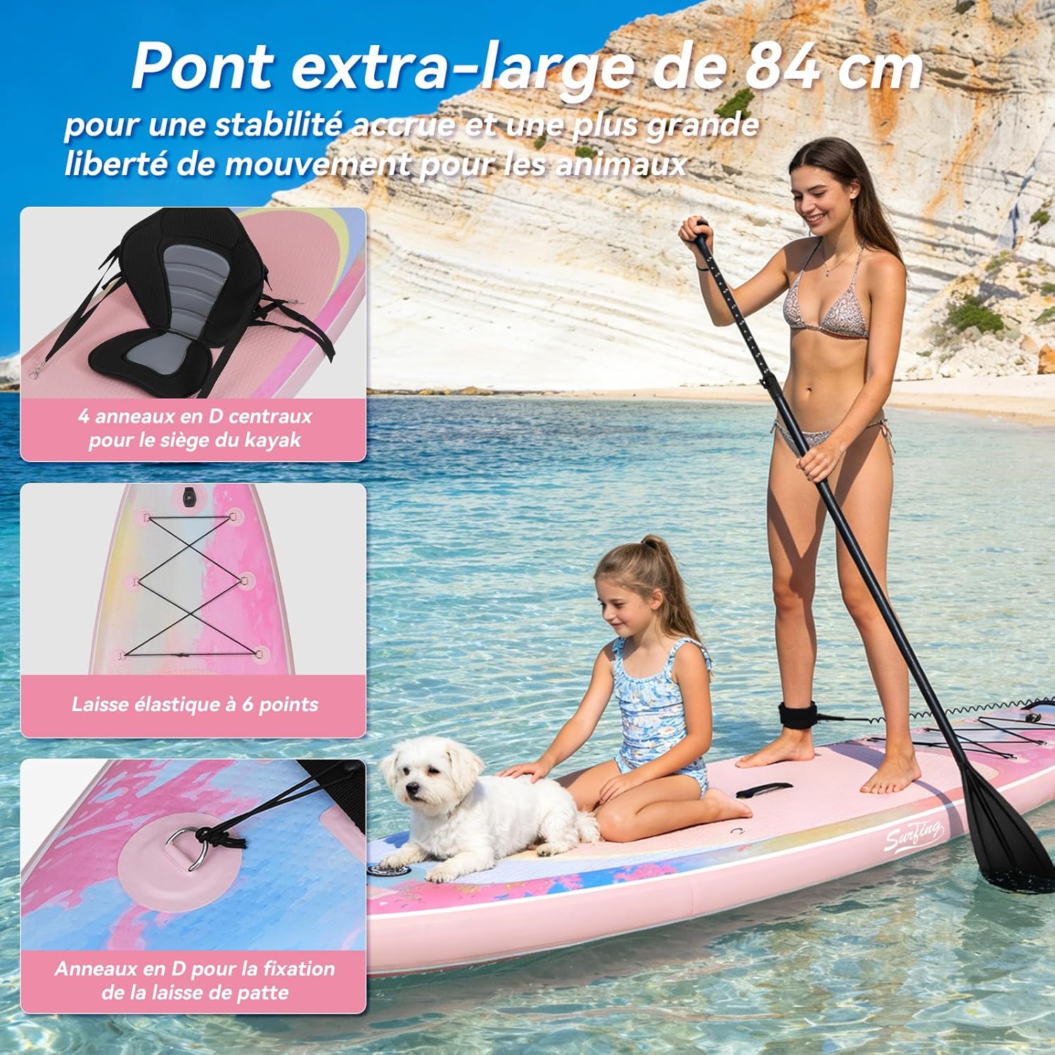 bleujardin - Paddle Gonflable Série Adulte - 320/335cm - 2 places, siège kayak, pagaie alu, support caméra, pompe, 150kg