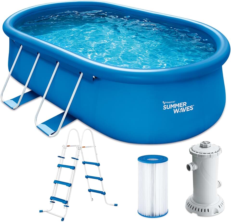 bleujardin Quick Up Kit complet de piscine - Ovale - 457 x 305 x 107 cm - Bleu - Piscine hors-sol et piscine avec pompe à filtre, échelle, tapis de sol et bâche