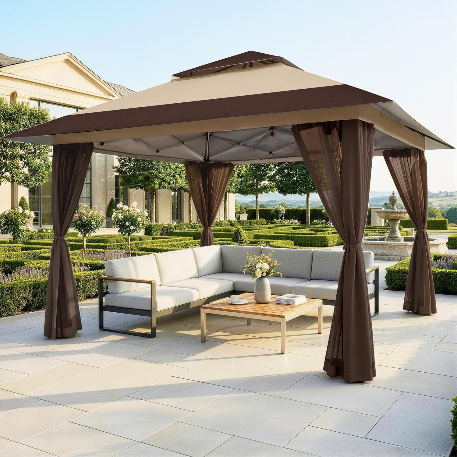 bleujardin Tonnelle de Jardin 4 x 4 m, Pop Up Gezebo Exterieur Imperméable, Abri de Jardin Réglable en Hauteur, Double Toit avec Côtés en Maille Zippée, Sac de Transport, Beige