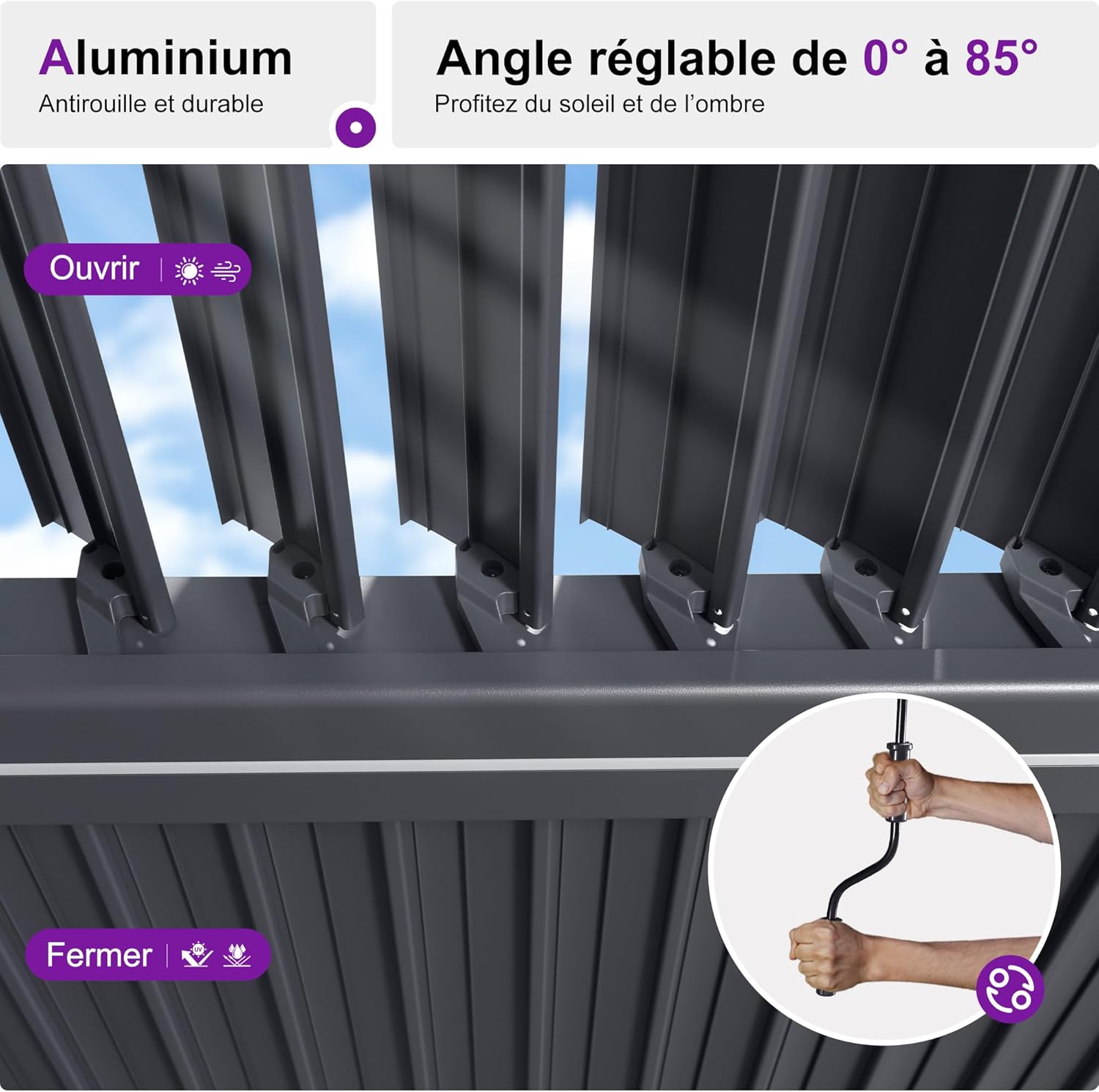 bleujardin - Pergola bioclimatique - 4x6m - alu lames LED gris