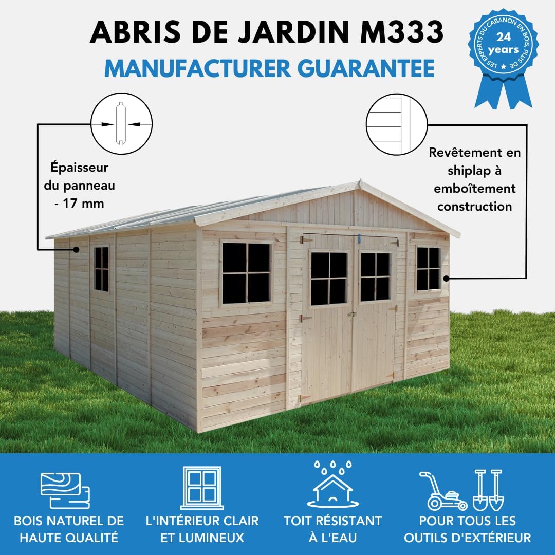 Abri de Jardin en Bois Exterieur avec Les PLANCHERS IMPRÉGNÉ- Maison de Jardin en Pin/épicéa-H246x418x522 cm/20 m²-Construction de Panneaux- Rangement pour vélos, Remise à Outils-bleujardin M333 +M333G