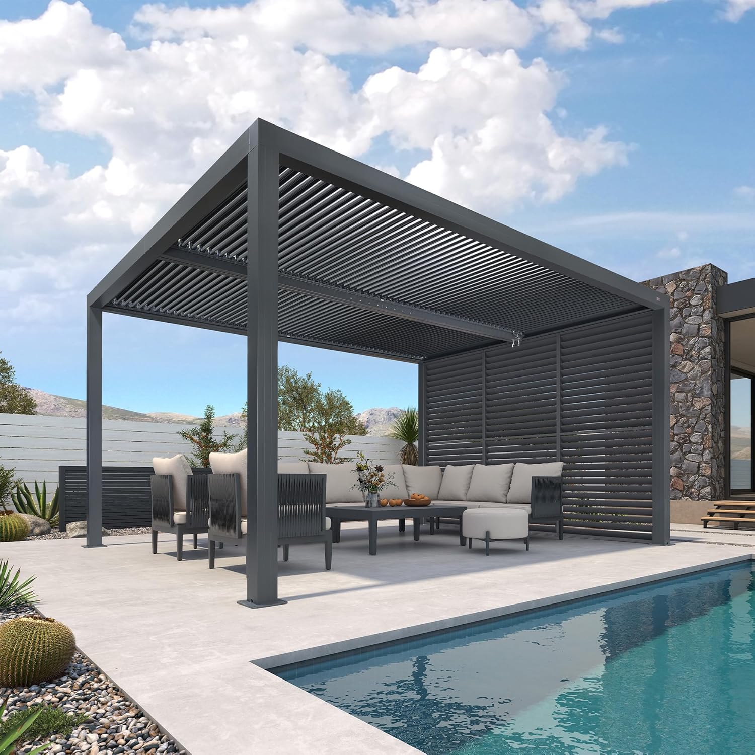 bleujardin - Pergola bioclimatique 4,6x3,3 m, alu, persiennes fixes