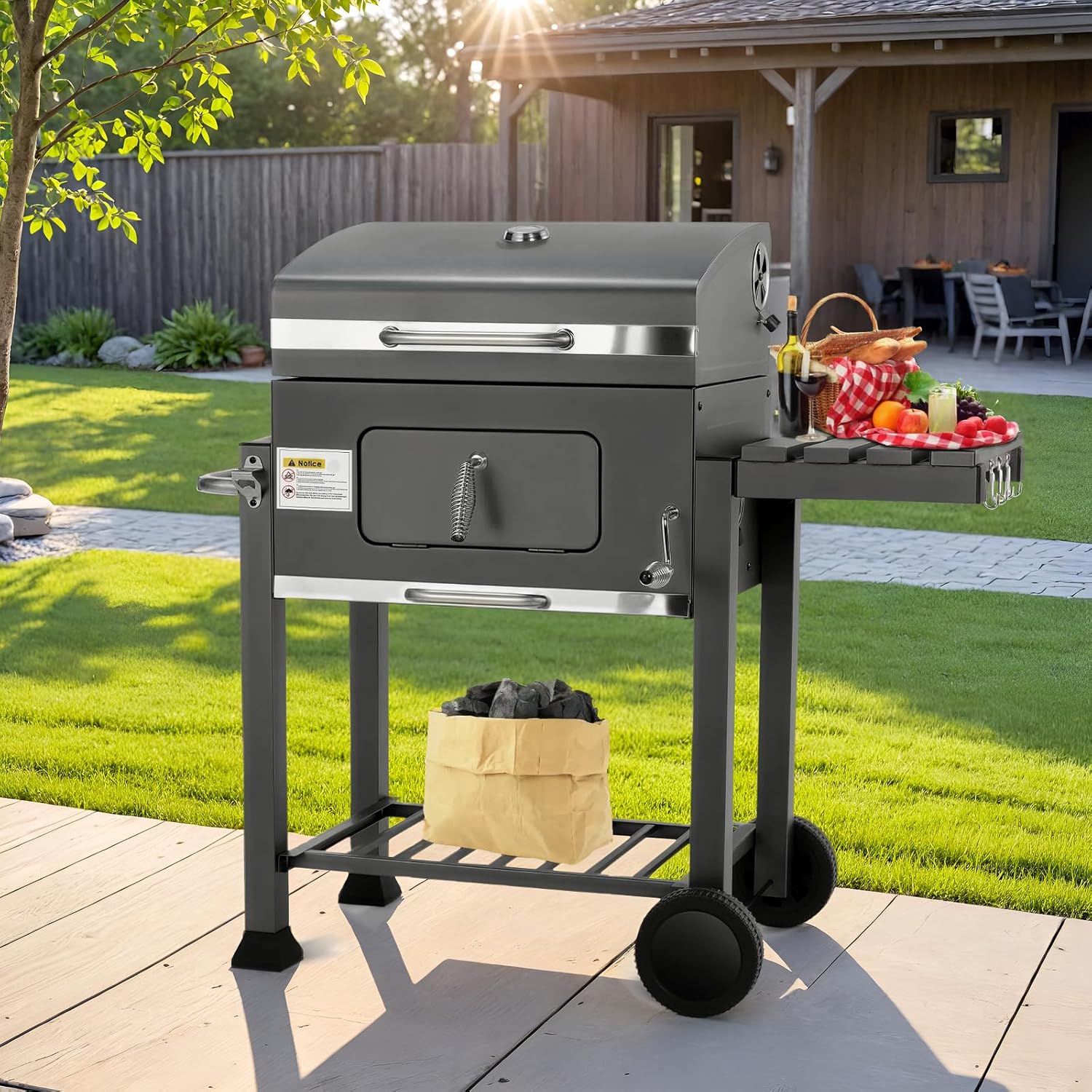 Barbecue charbon XL - chariot avec couvercle - hauteur réglable - roues, thermomètre, grande surface