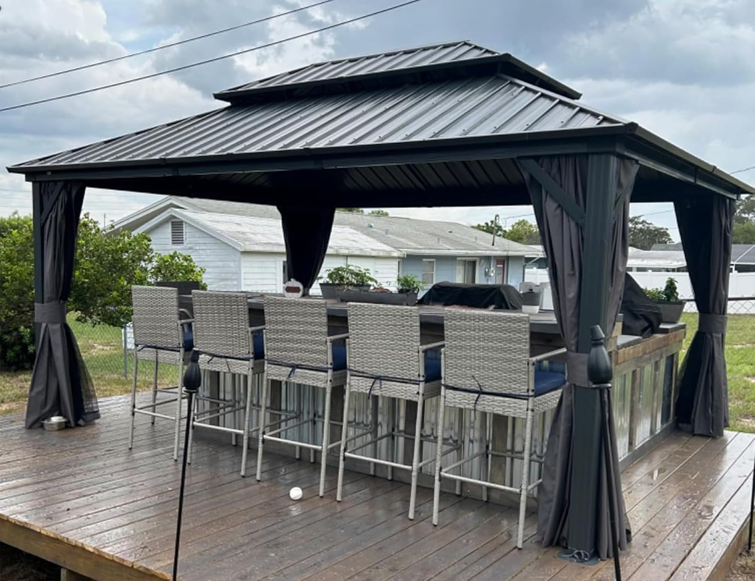 bleujardin - pergola série double toit - 4,85x3,65 m - alu acier, rideaux, moustiquaire
