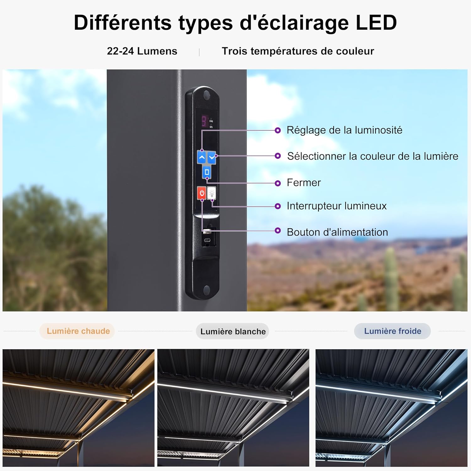 bleujardin - Pergola bioclimatique - 3,5x8,5m - aluminium, lames LED, étanche