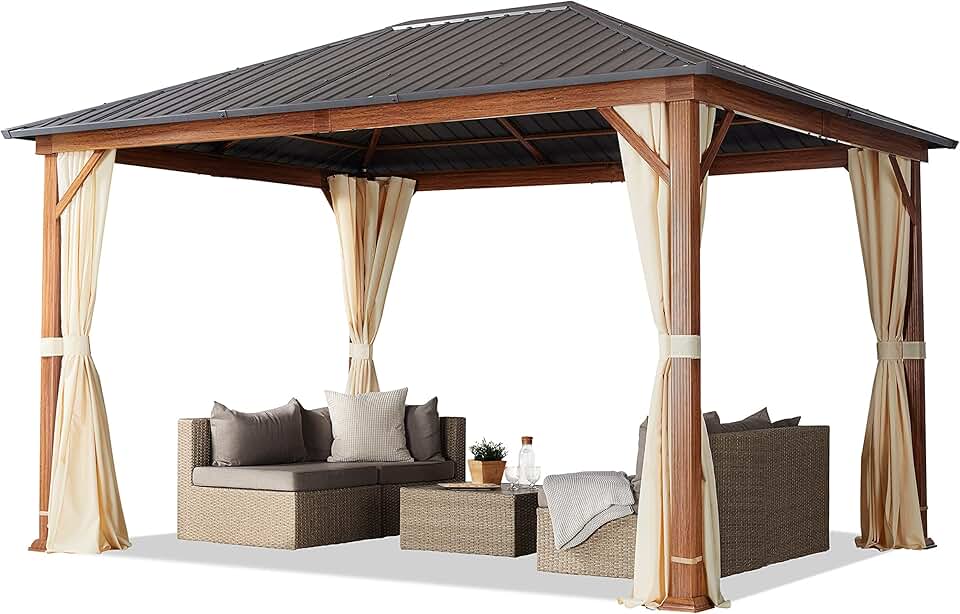 bleujardin - tonnelle de jardin série aspect bois 3x4m toit acier, 4 parois, champagne