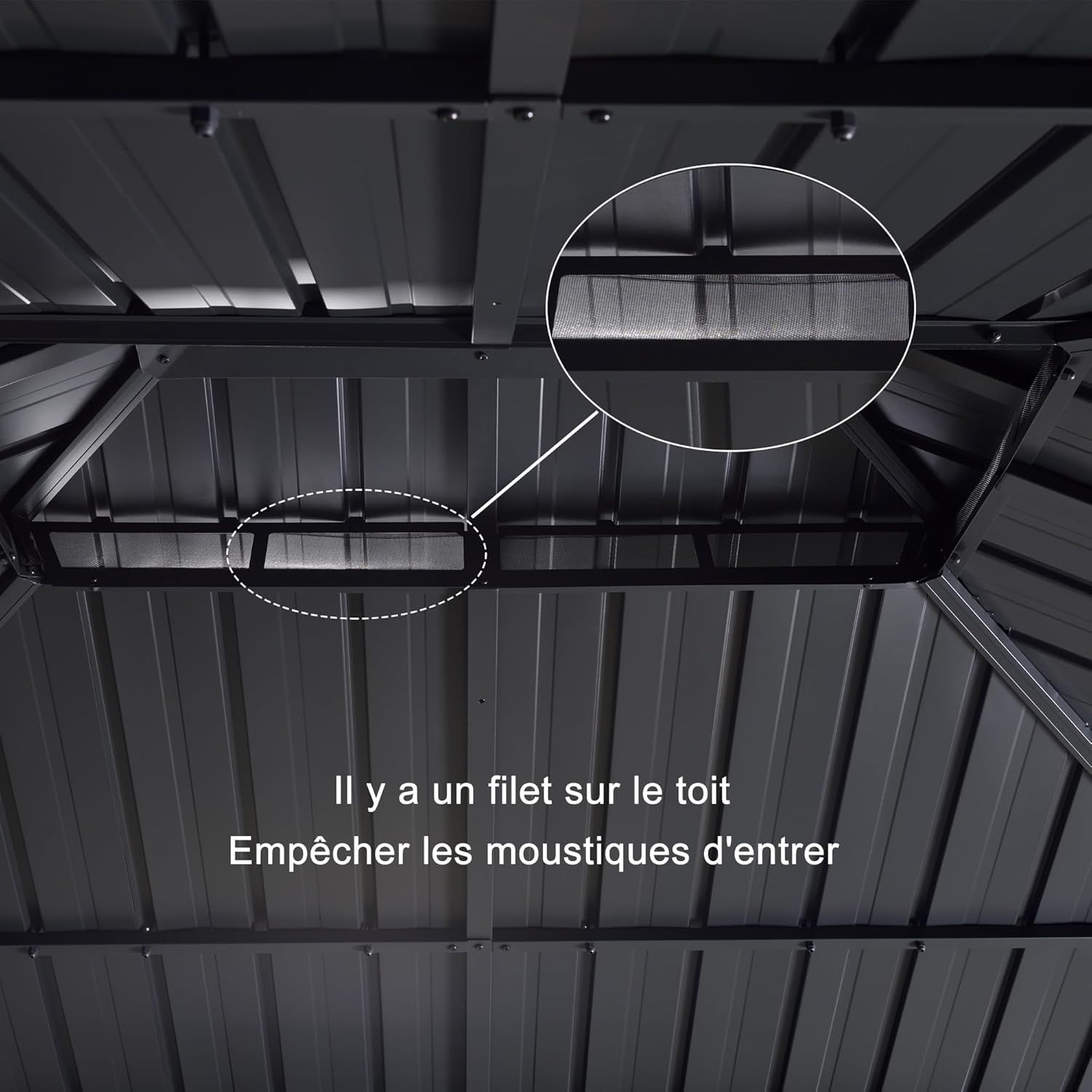 bleujardin - tonnelle aluminium série - 4,85x3,65m - éclairage intégré, rideaux moustiquaires, gouttière, gris