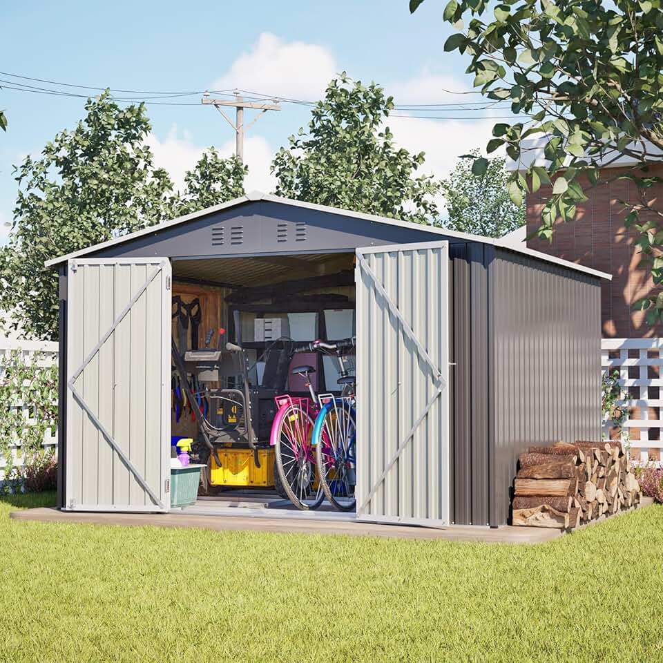 bleujardin 10x8 FT Abri de Jardin Métal avec Fondations en métal, Cabane de Jardin Extérieur avec Serrure, Rangement Outils de Jardi (Gris-10x8 FT)