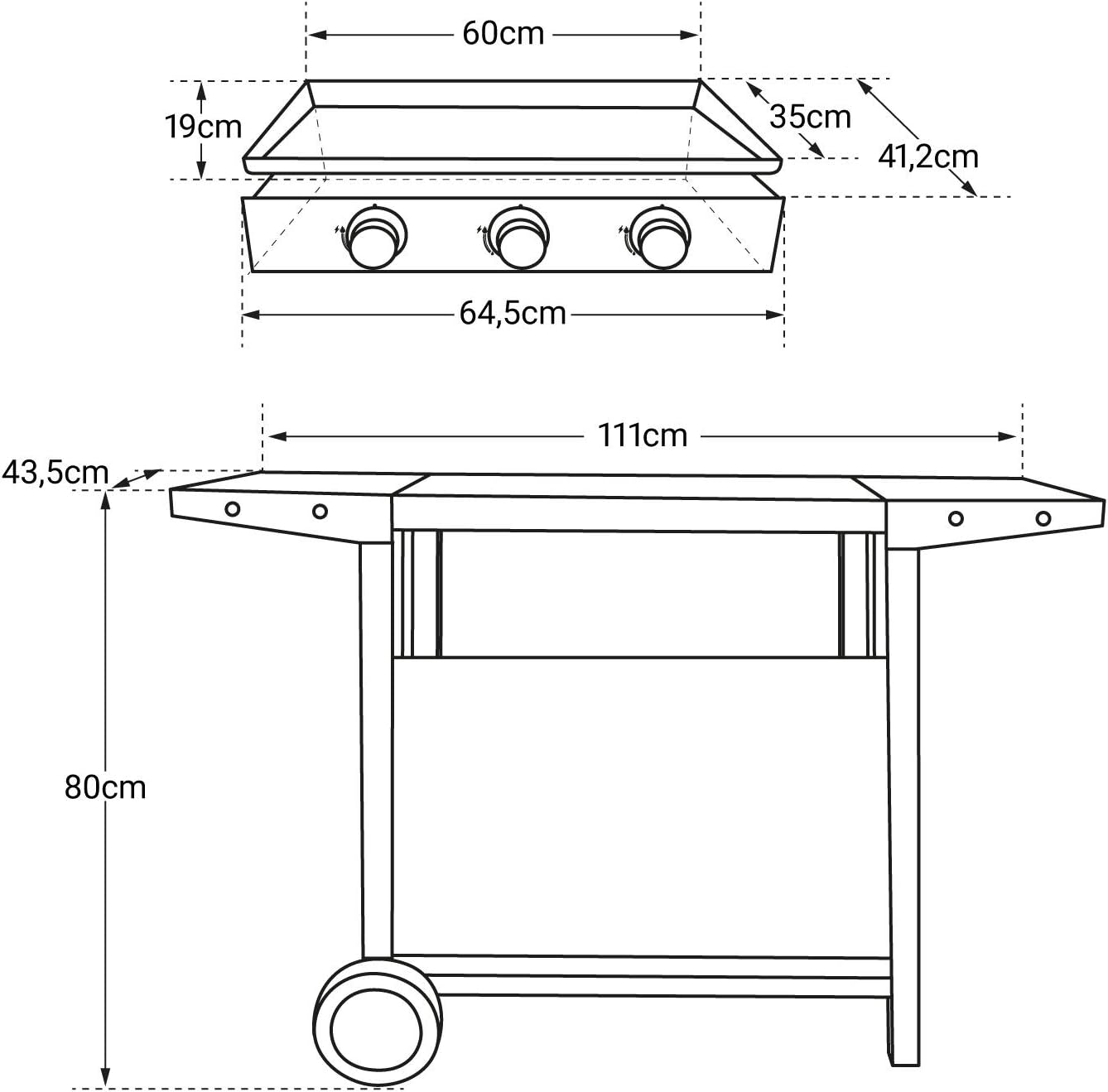 bleujardin - Plancha Mérida sur chariot 3 brûleurs 6kW 74x33 cm