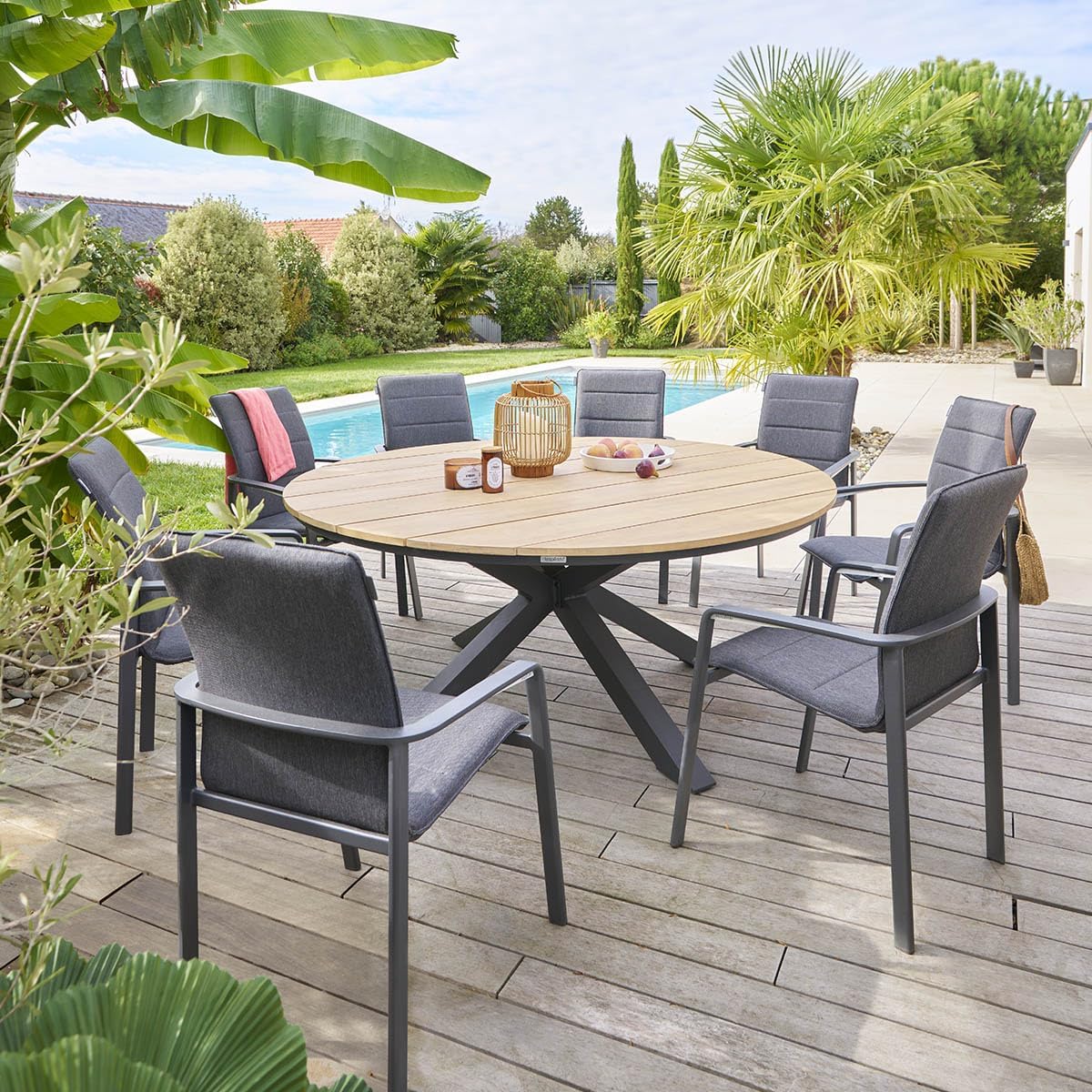 bleujardin - Oriengo table ronde 8 places - aluminium acacia - Gris Graphite