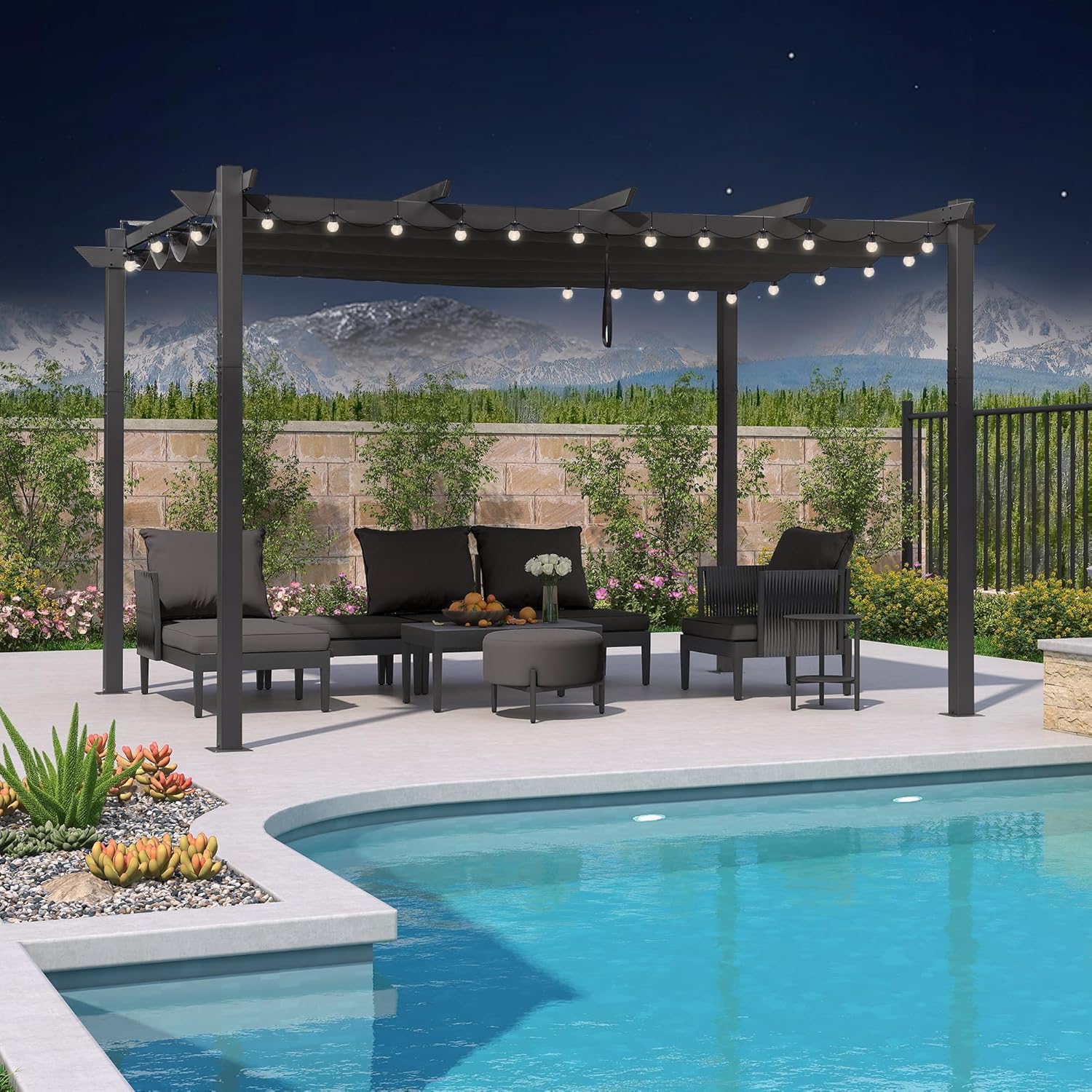 bleujardin – pergola aluminium – 4x3m – toit rétractable, éclairage intégré