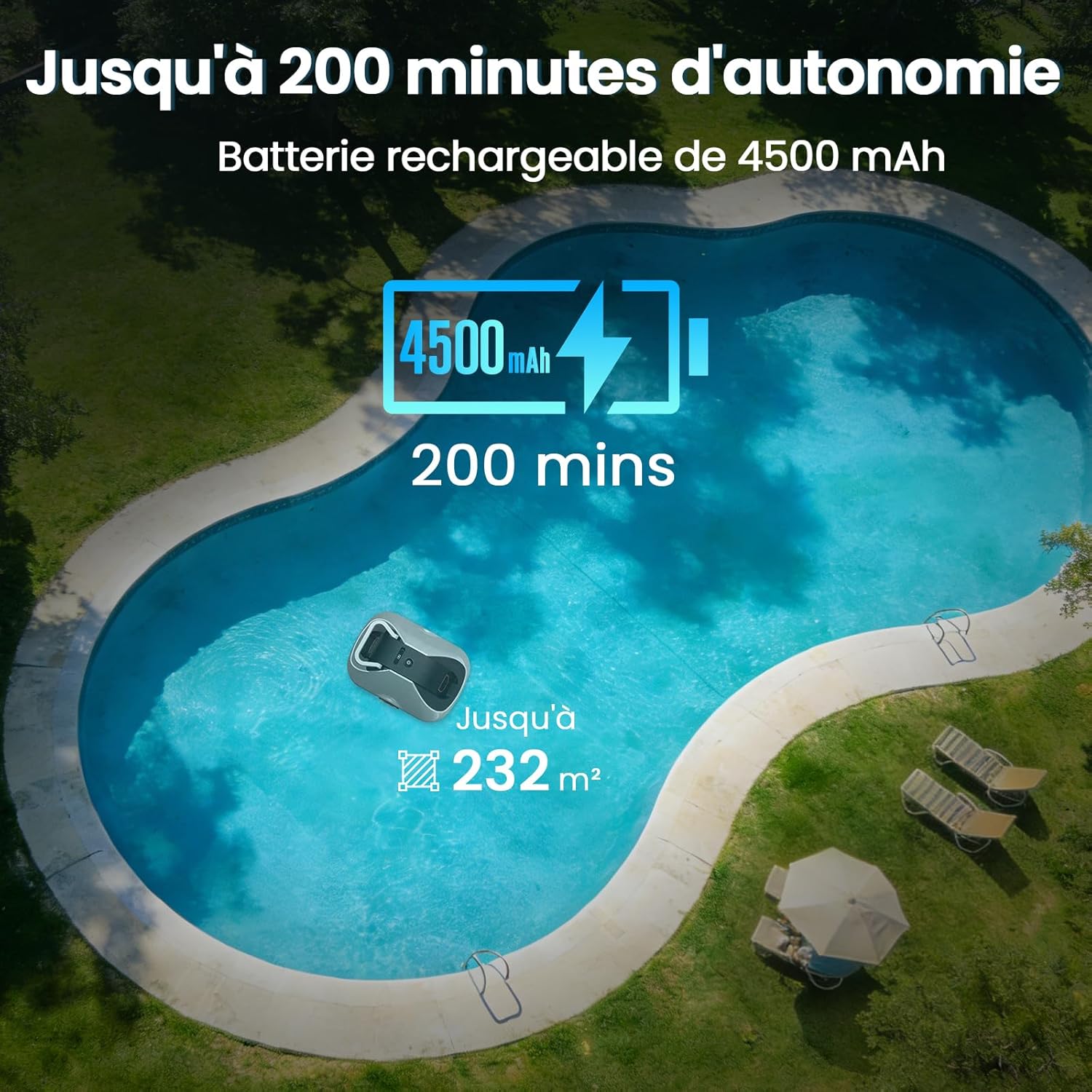 Robot piscine sans fil - 200min autonomie, filtration fine, 232m², compact