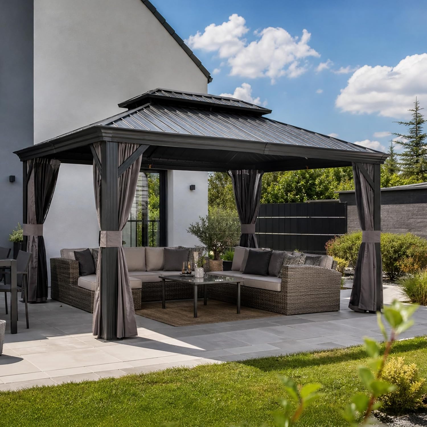 bleujardin - Tonnelle Jardin 4,25x3 m - acier galvanisé, rideaux épais, gouttière