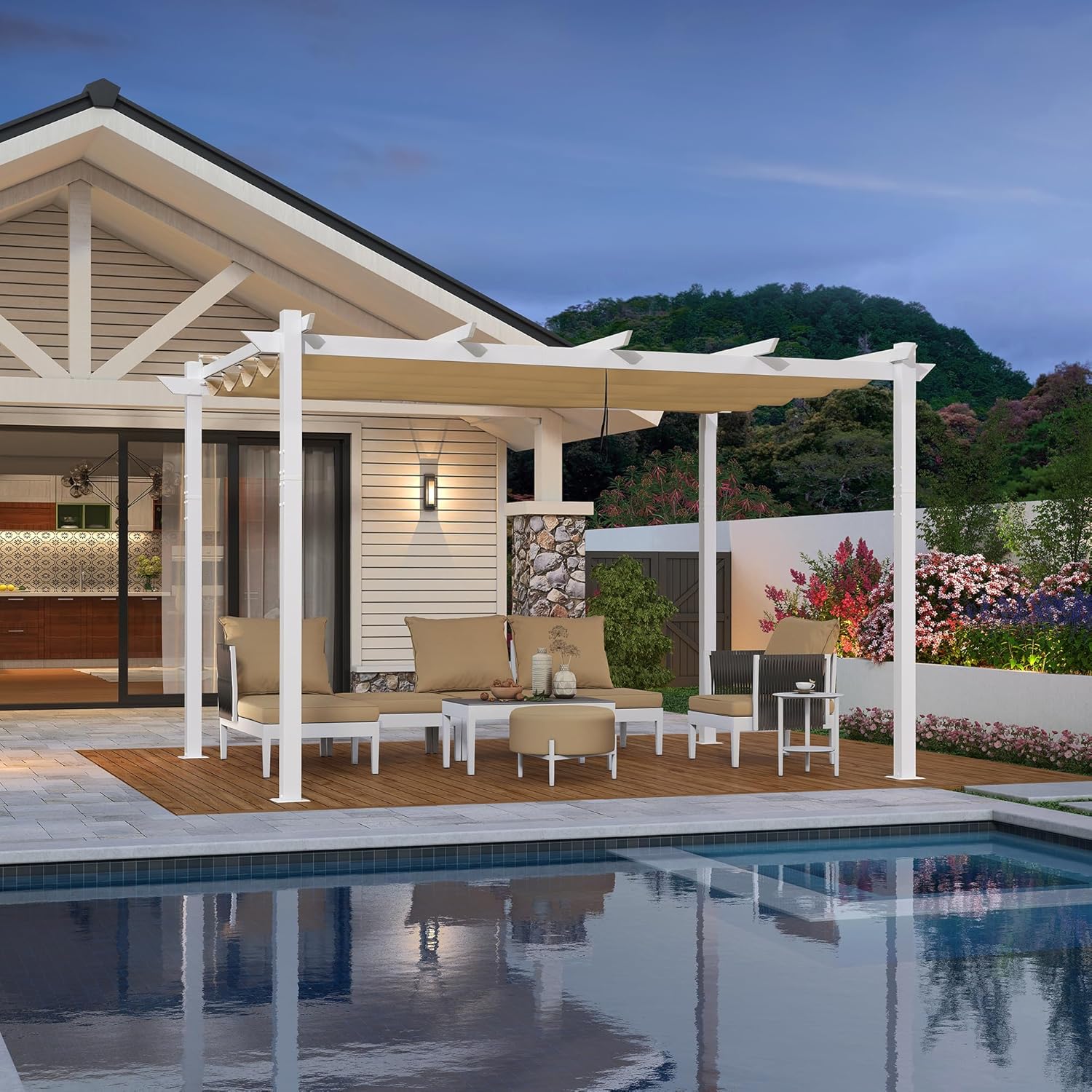 bleujardin - Pergola aluminium série - 4x3m - toile rétractable, autoportante, imperméable, kaki