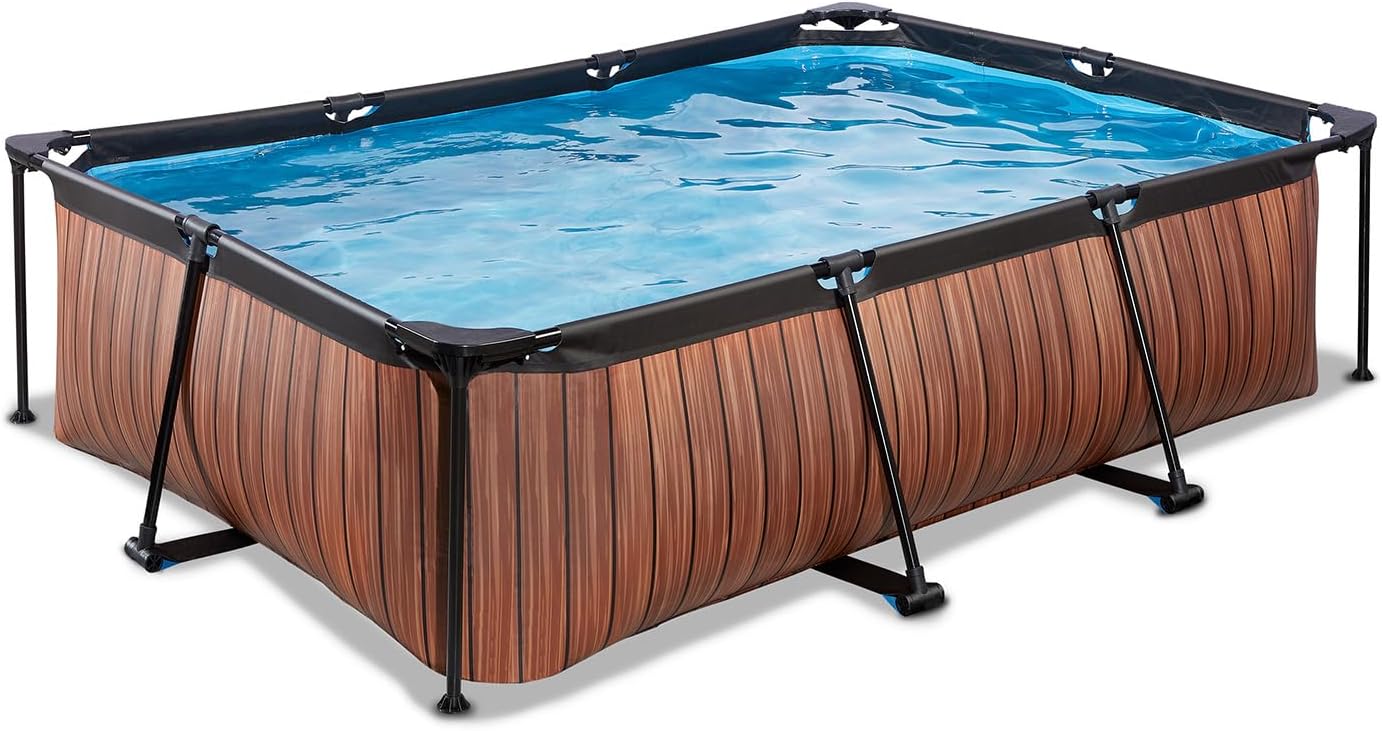bleujardin Piscine en Bois - 220 x 150 x 65 cm - Rectangulaire et compacte - avec Pompe à Filtre à Cartouche - Facile d'accès - Convient pour Les Tout-Petits - Cadre Solide - Design Unique - Marron