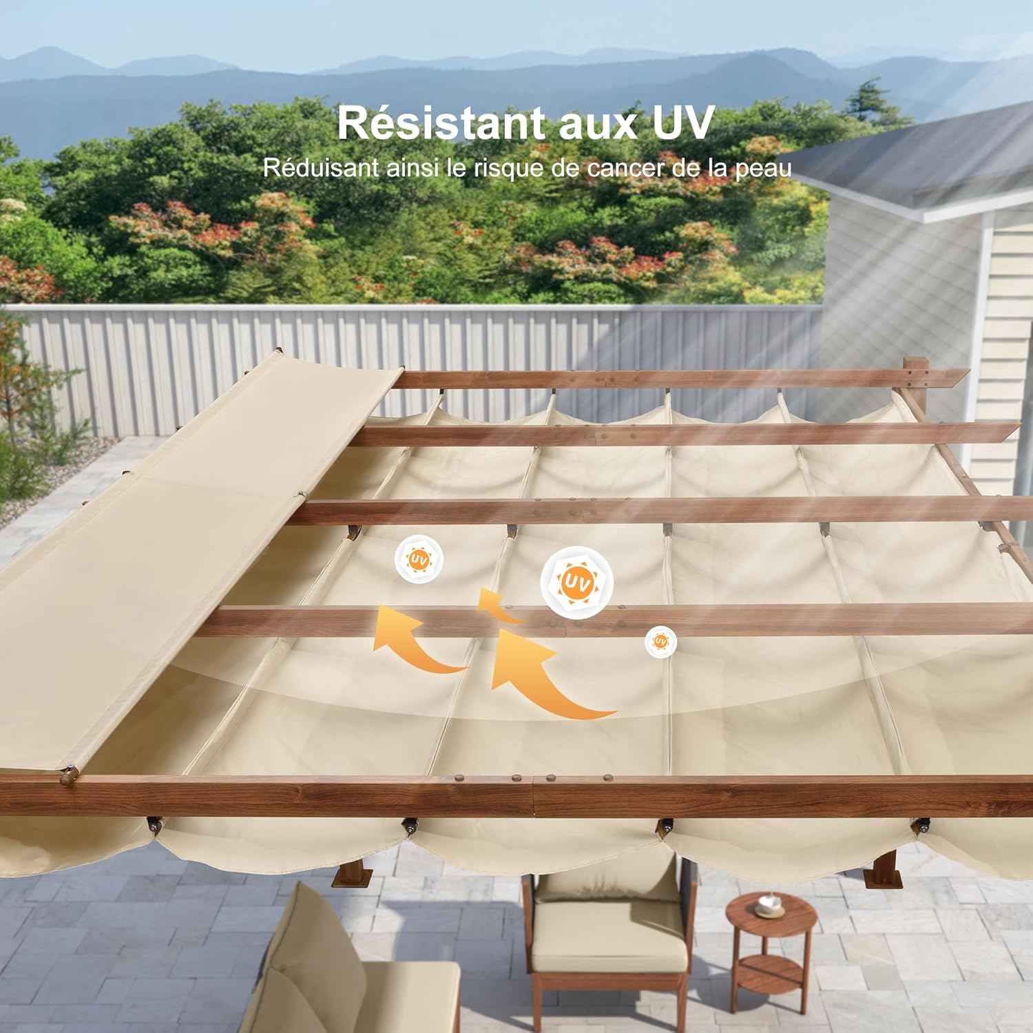 bleujardin - pergola aluminium 4x3m teck, toile rétractable, kaki