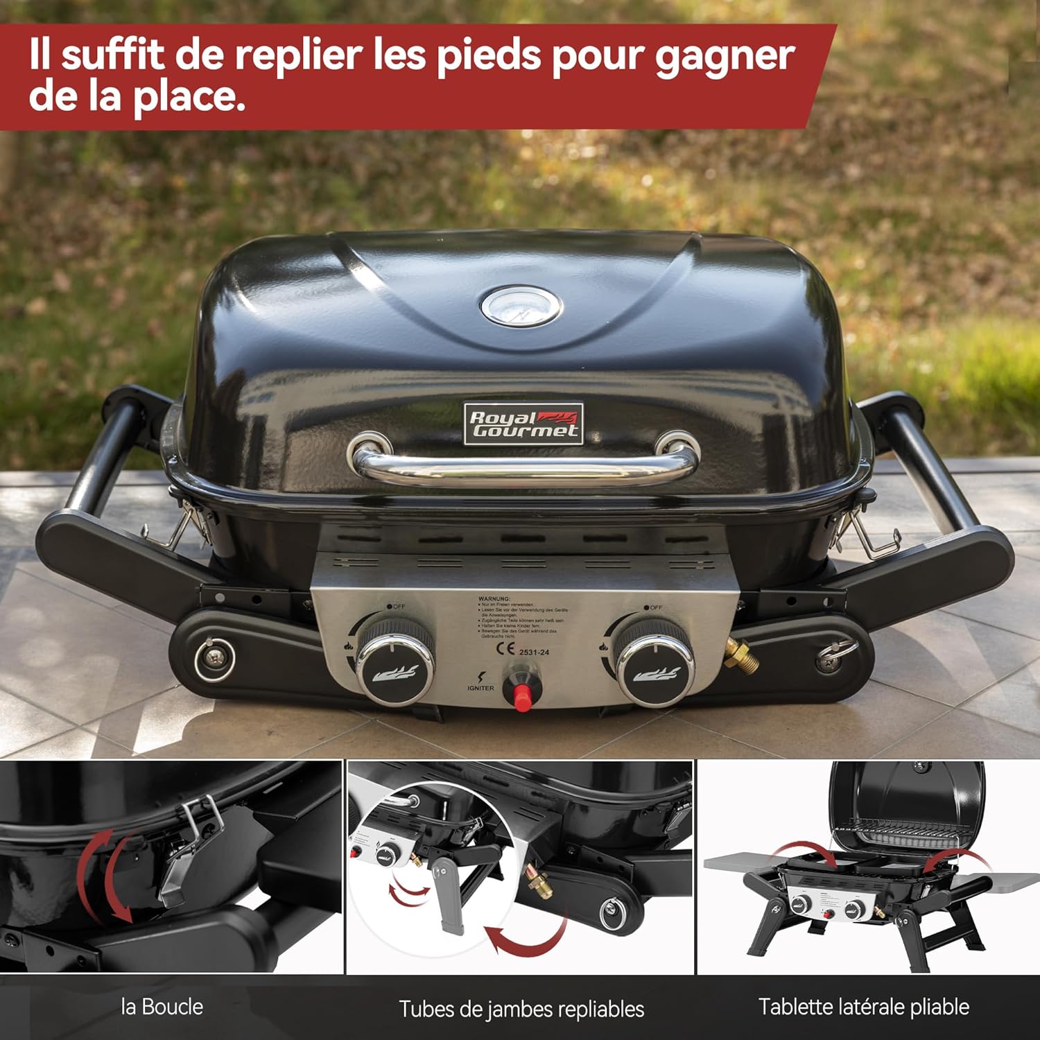 bleujardin - barbecue gaz portable - 48x37 cm - 2 brûleurs, tables pliantes, chariot détachable, 5kW