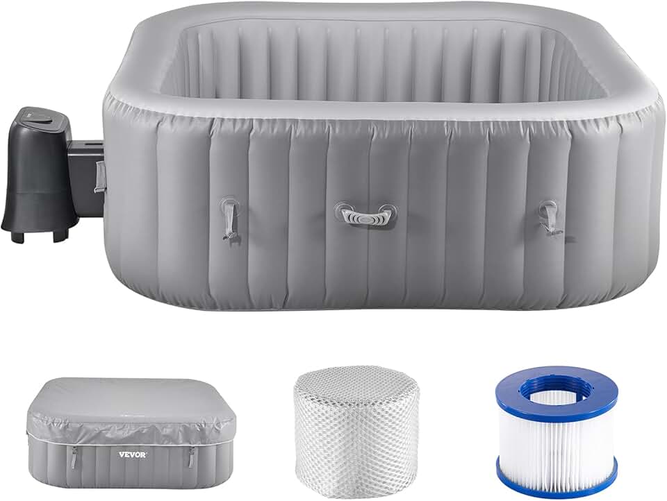 bleujardin Spa Gonflable Carré Capacité 4-6 Personnes, Bains à Remous d’Extérieur Portable 185x66 cm, avec 130 Jets Apaisants, Filtre, Couverture et Tapis, en PVC, Panneau de Commande Multifonction, Gris
