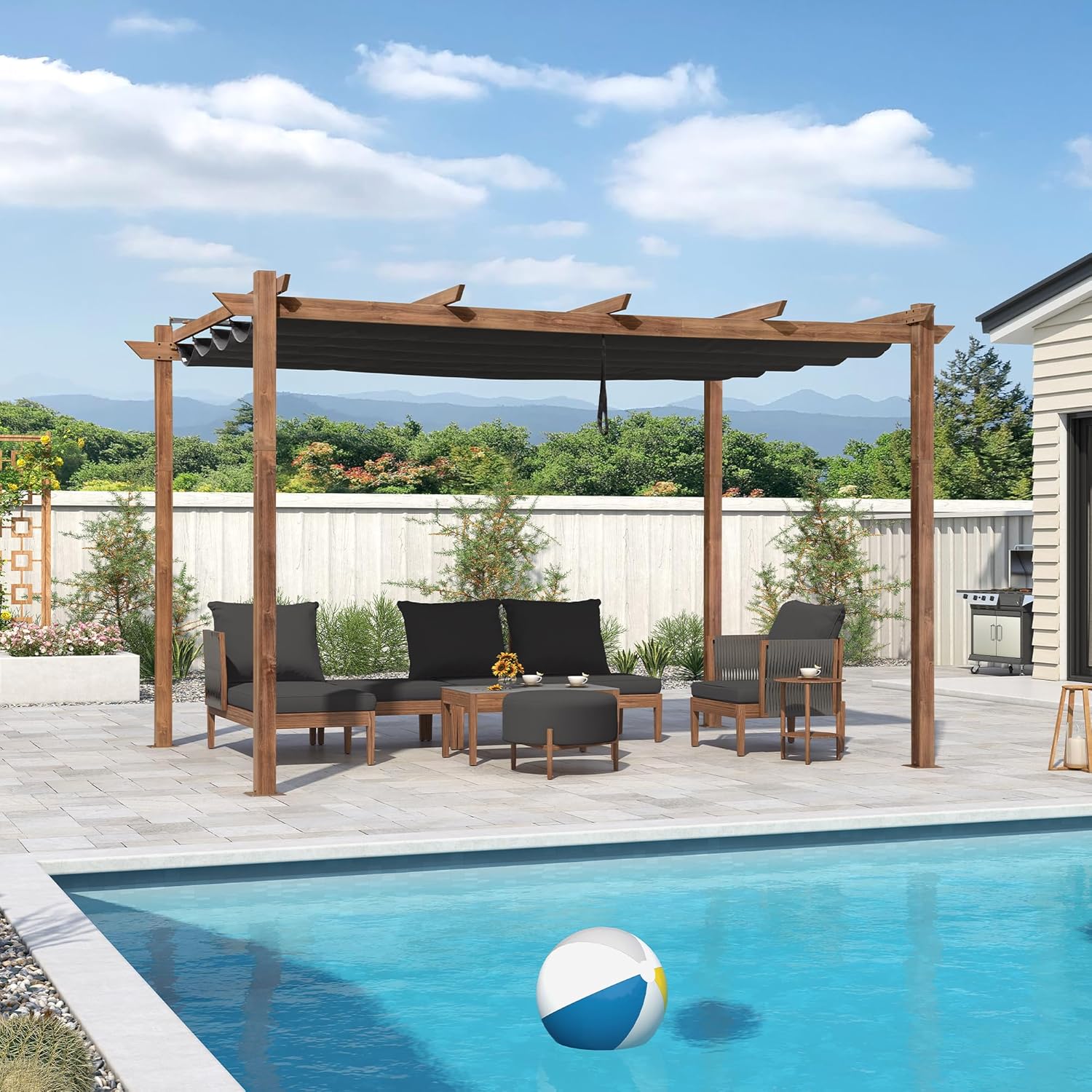 bleujardin - Pergola aluminium - 4x3m - toile rétractable, teck, imperméable